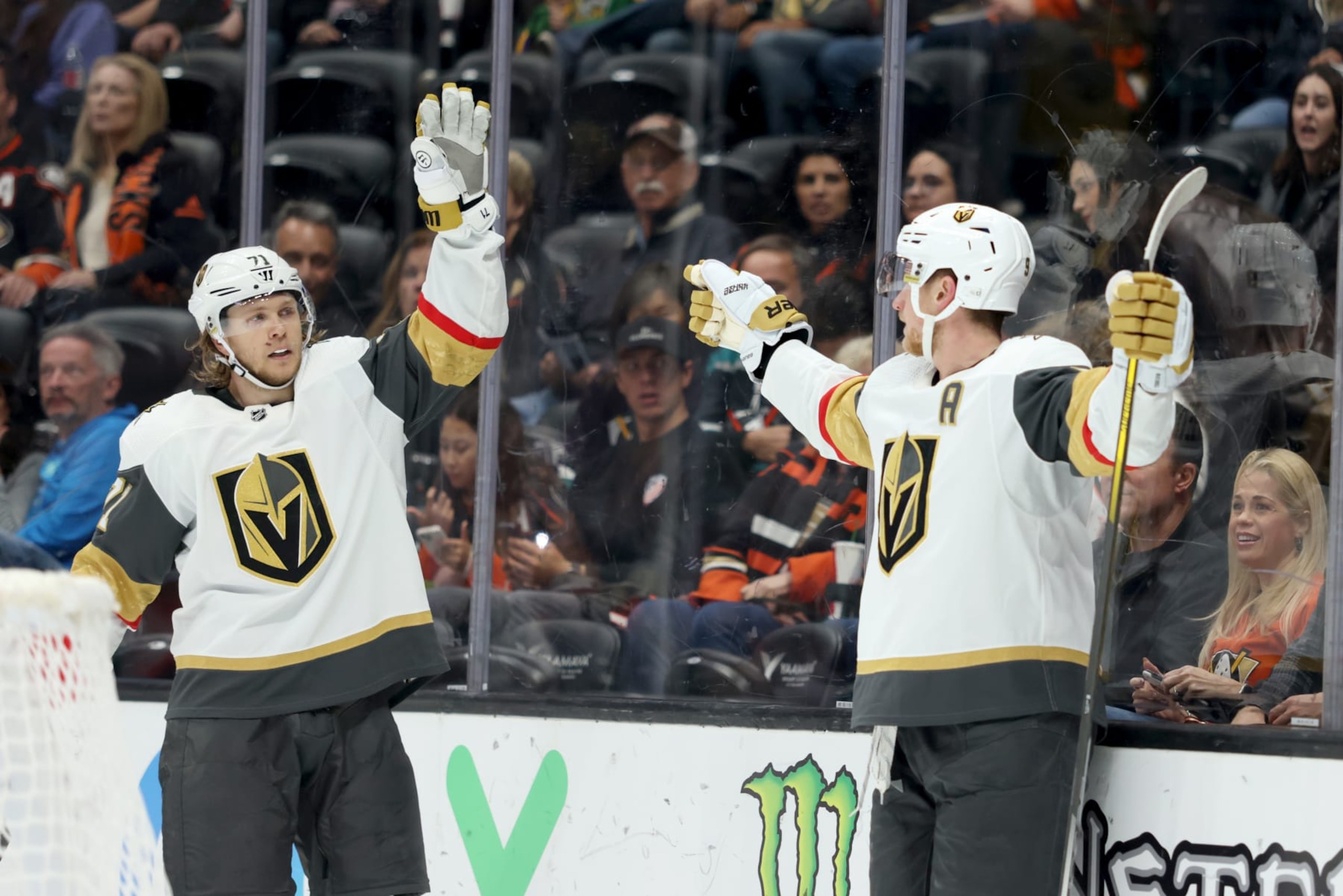 ANAHEIM, CALIFORNIA - NOVEMBER 05: Jack Eichel #9 of the Vegas Golden Knights celebrates with teammate William Karlsson #71 after scoring a goal in the second period against the Anaheim Ducks at Honda Center on November 05, 2023 in Anaheim, California. (Photo by Nicole Vasquez/NHLI via Getty Images)