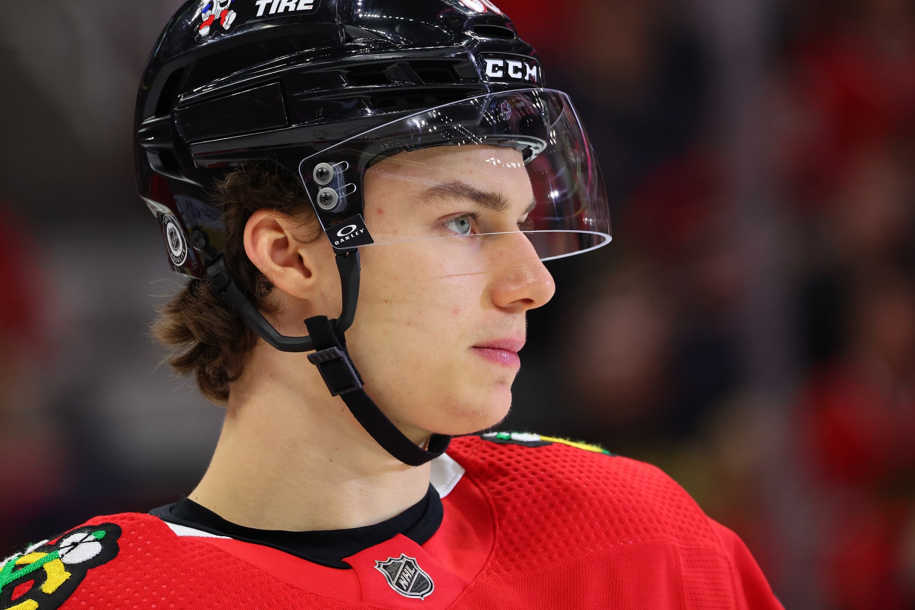 CHICAGO, ILLINOIS - NOVEMBER 05: Connor Bedard #98 of the Chicago Blackhawks looks on against the New Jersey Devils during the third period at the United Center on November 05, 2023 in Chicago, Illinois. (Photo by Michael Reaves/Getty Images)