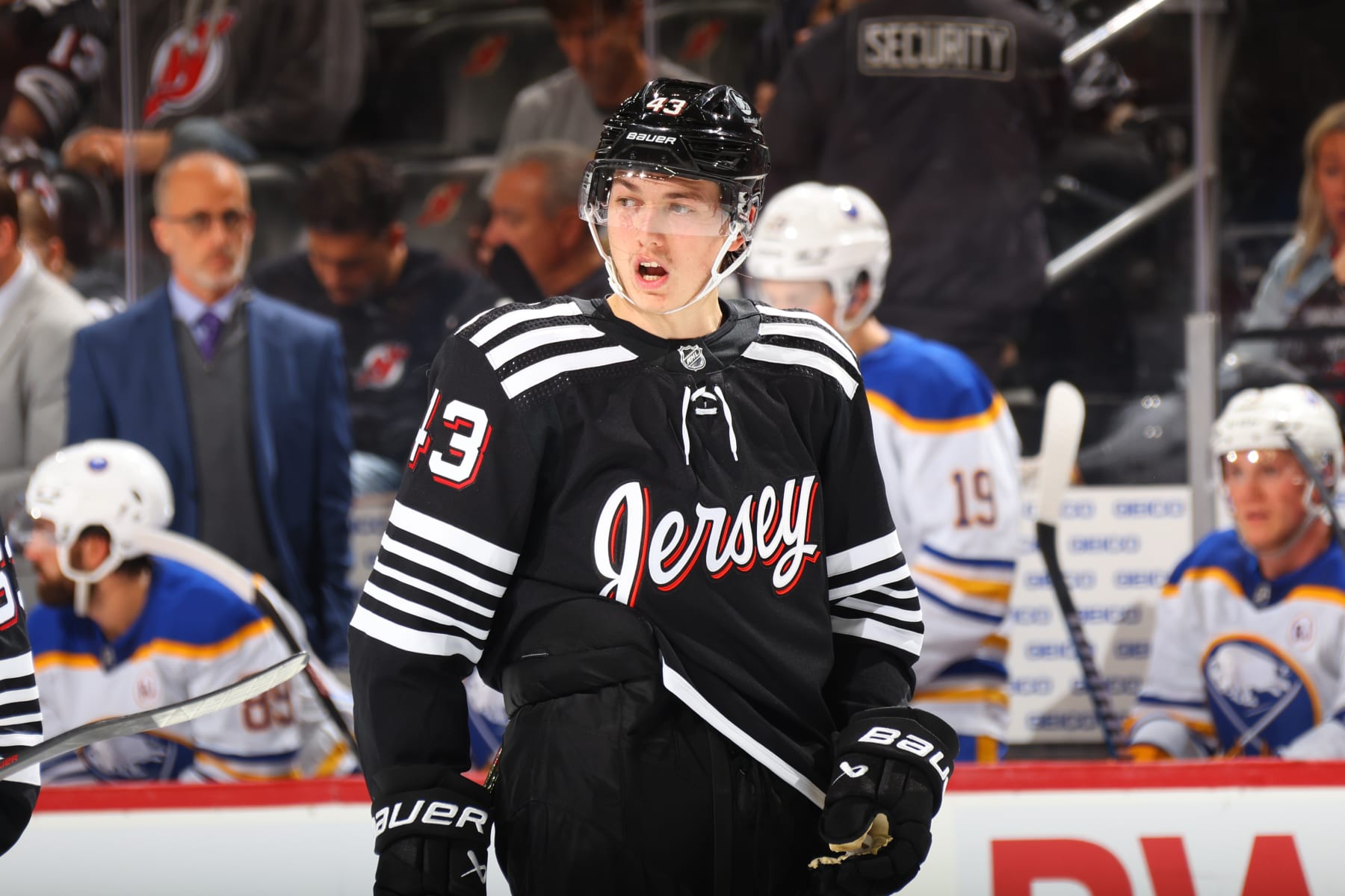 NEWARK, NJ - OCTOBER 27: Luke Hughes #43 of the New Jersey Devils in the third period of the game against the Buffalo Sabres at the Prudential Center on October 27, 2023 in Newark, New Jersey.  (Photo by Rich Graessle/NHLI via Getty Images)