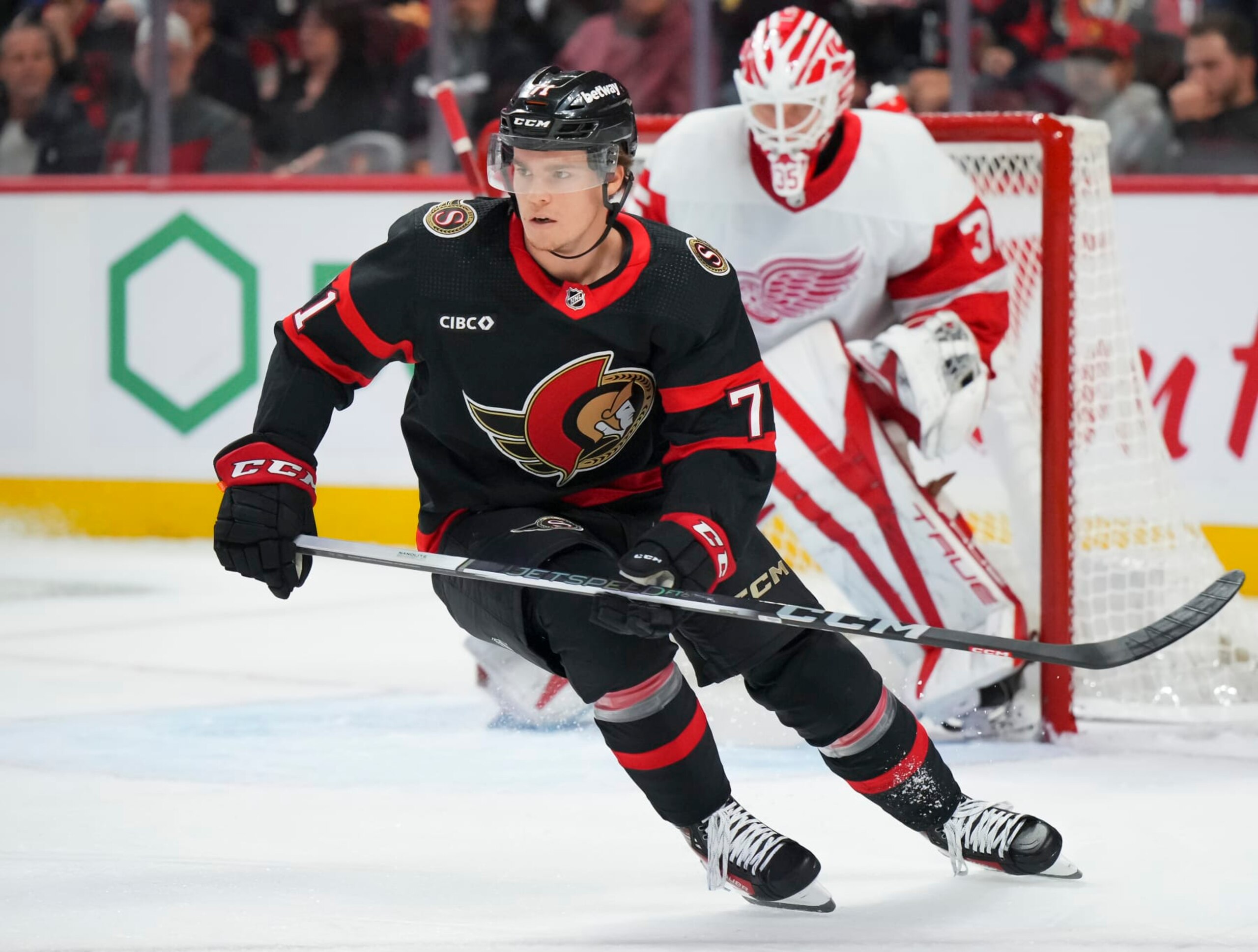 OTTAWA, CANADA - OCTOBER 21: Ridly Greig #71 of the Ottawa Senators skates against the Detroit Red Wings at Canadian Tire Centre on October 21, 2023 in Ottawa, Ontario, Canada.  (Photo by André Ringuette/NHLI via Getty Images)