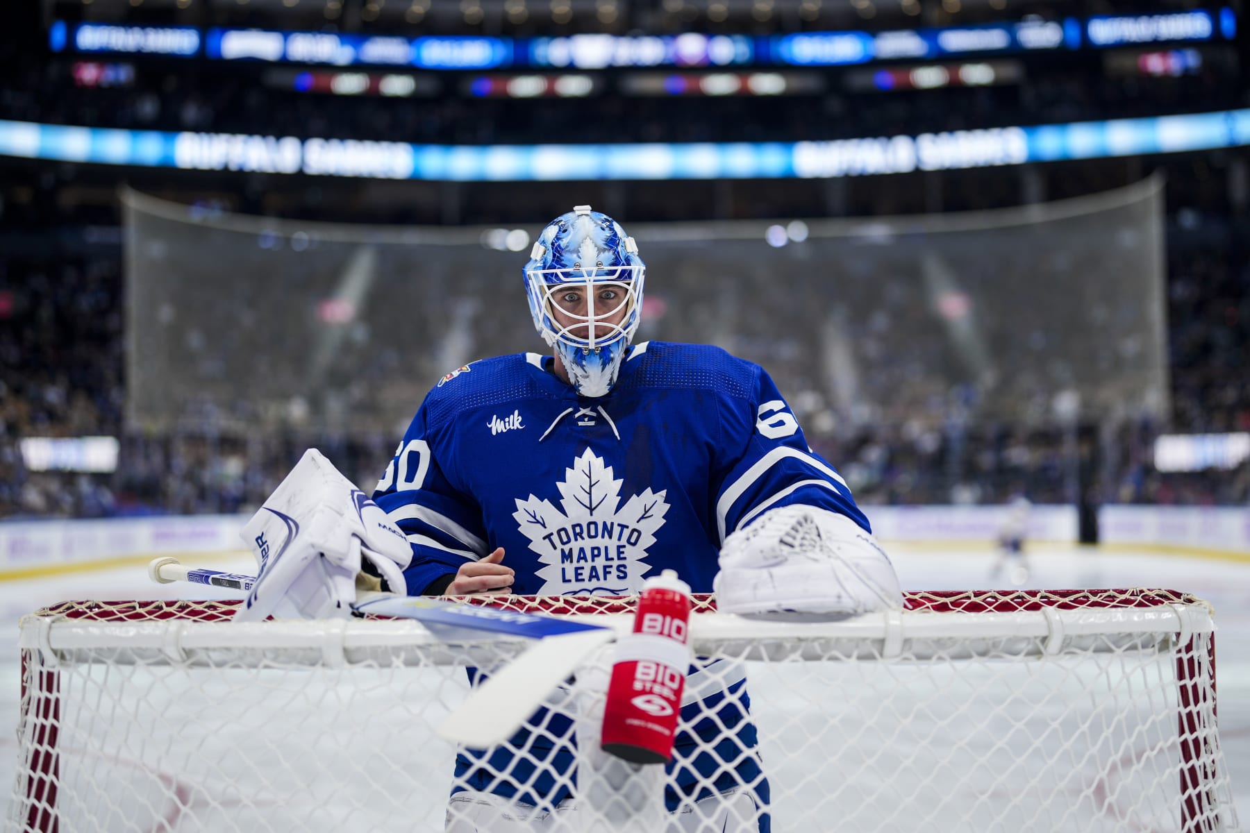 TORONTO, ON - NOVEMBER 4: Joseph Woll #60 of the Toronto Maple Leafs looks on against the Buffalo Sabres period at the Scotiabank Arena on November 4, 2023 in Toronto, Ontario, Canada. (Photo by Kevin Sousa/NHLI via Getty Images)