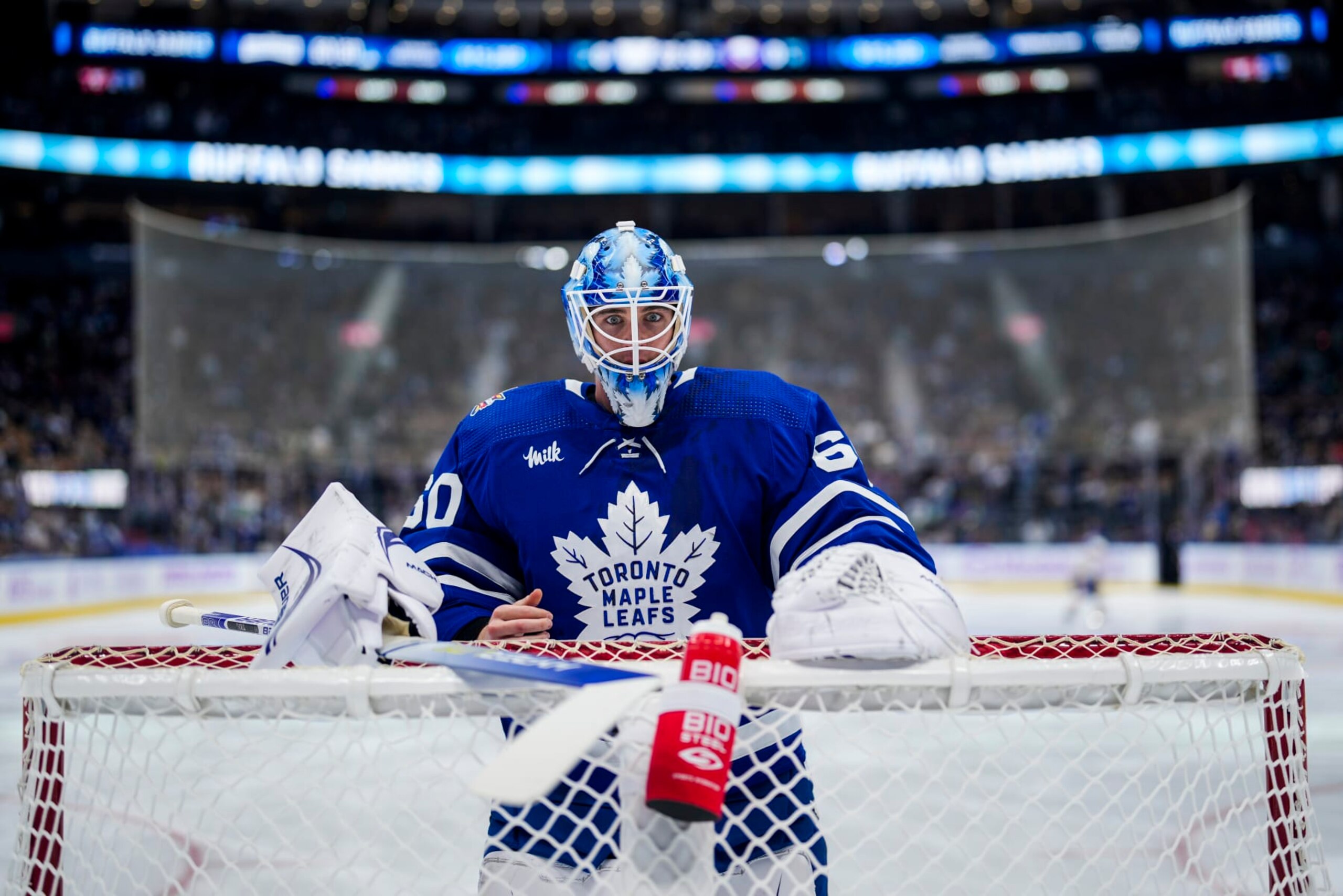 TORONTO, ON - NOVEMBER 4: Joseph Woll #60 of the Toronto Maple Leafs looks on against the Buffalo Sabres period at the Scotiabank Arena on November 4, 2023 in Toronto, Ontario, Canada. (Photo by Kevin Sousa/NHLI via Getty Images)