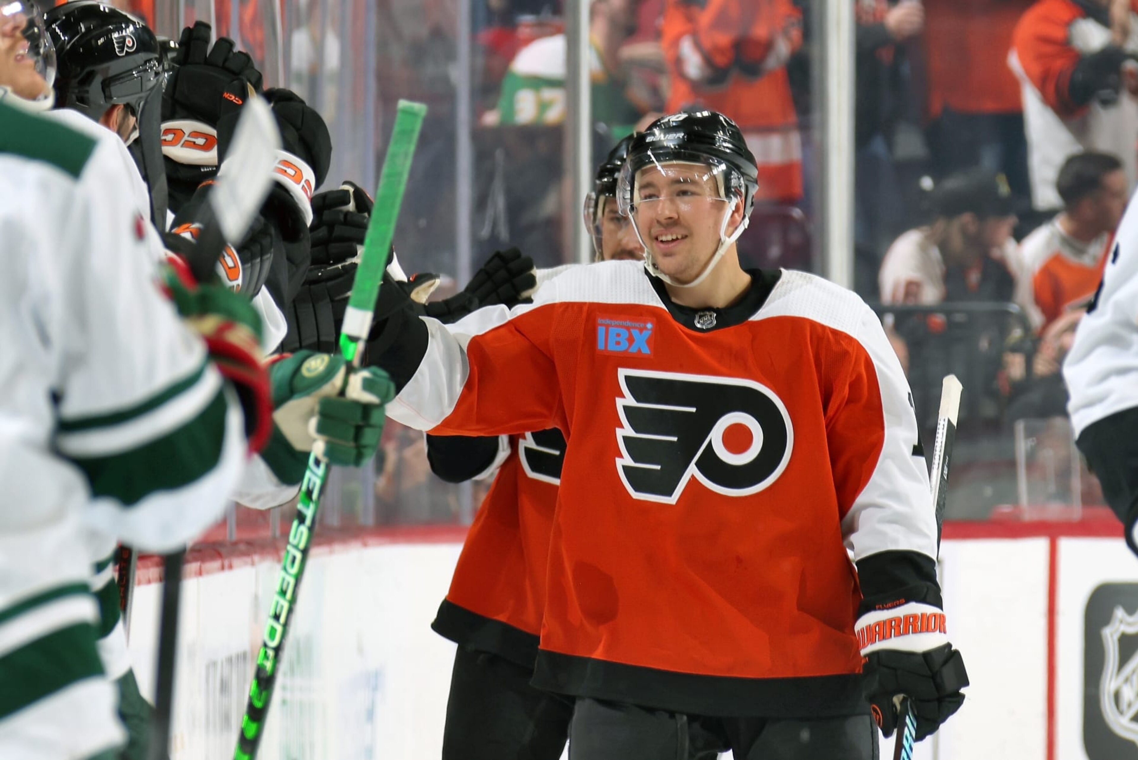 PHILADELPHIA, PENNSYLVANIA - OCTOBER 26: Bobby Brink #10 of the Philadelphia Flyers celebrates Sean Couturier #14 (not pictured) second period goal with teammates against the Minnesota Wild at the Wells Fargo Center on October 26, 2023 in Philadelphia, Pennsylvania. (Photo by Len Redkoles/NHLI via Getty Images) PHILADELPHIA, PENNSYLVANIA - OCTOBER 26: Bobby Brink #10 of the Philadelphia Flyers celebrates Sean Couturier #14 (not pictured) second period goal with teammates against the Minnesota Wild at the Wells Fargo Center on October 26, 2023 in Philadelphia, Pennsylvania. (Photo by Len Redkoles/NHLI via Getty Images)