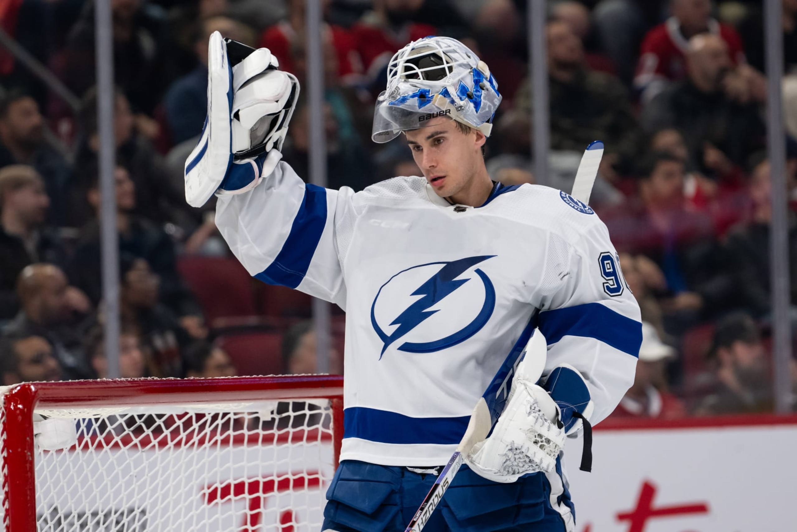 MONTREAL, QC - NOVEMBER 07: Matt Tomkins (90) of the Tampa Bay Lightning looks on during the second period of the NHL game between the Tampa Bay Lightning  and the Montreal Canadiens on November 07 2023, at the Bell Centre in Montreal, QC(Photo by Vincent Ethier/Icon Sportswire via Getty Images)