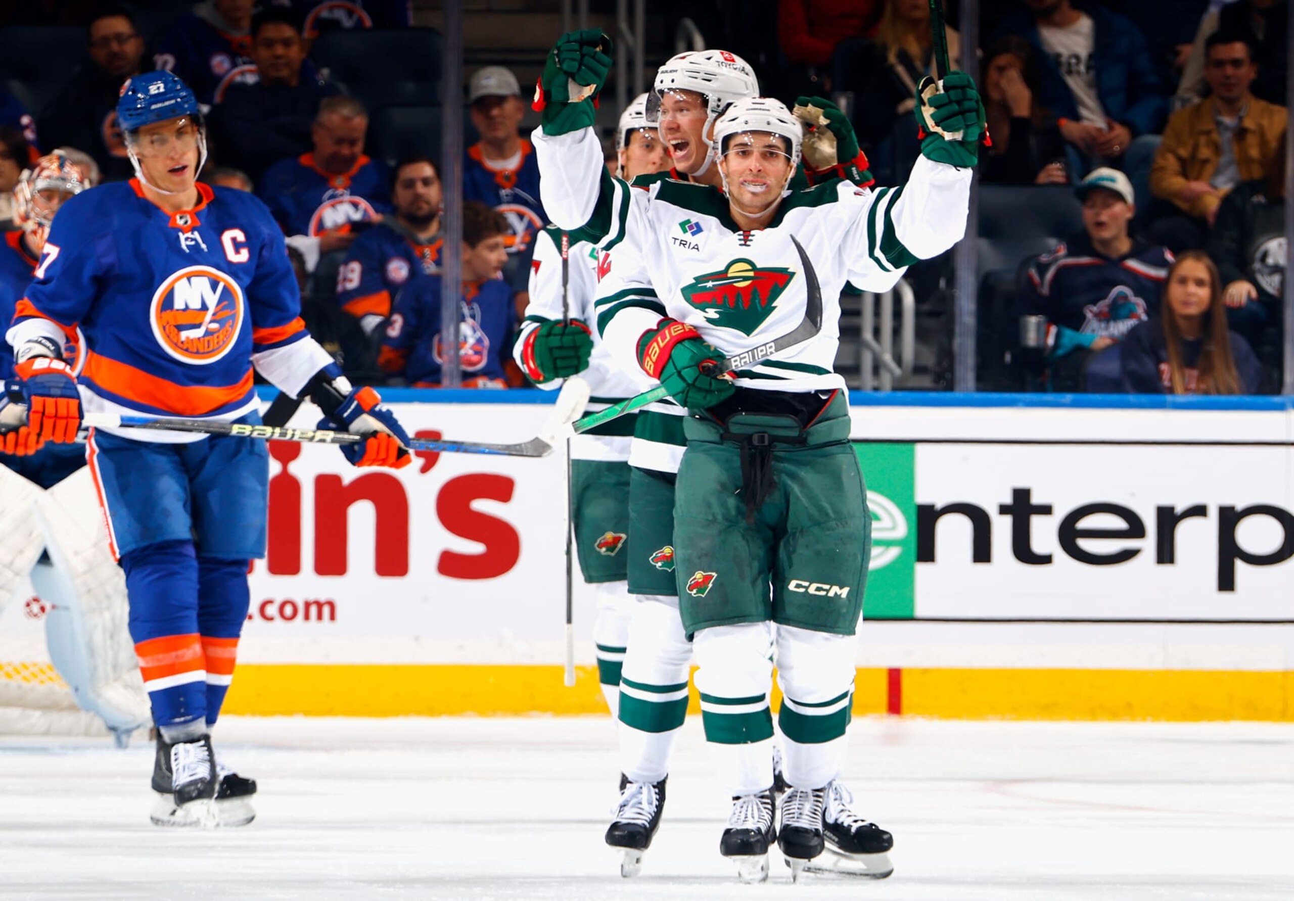 ELMONT, NEW YORK - NOVEMBER 07: Vinni Lettieri #10 of the Minnesota Wild celebrates his second period goal against the New York Islanders at UBS Arena on November 07, 2023 in Elmont, New York. (Photo by Bruce Bennett/Getty Images)