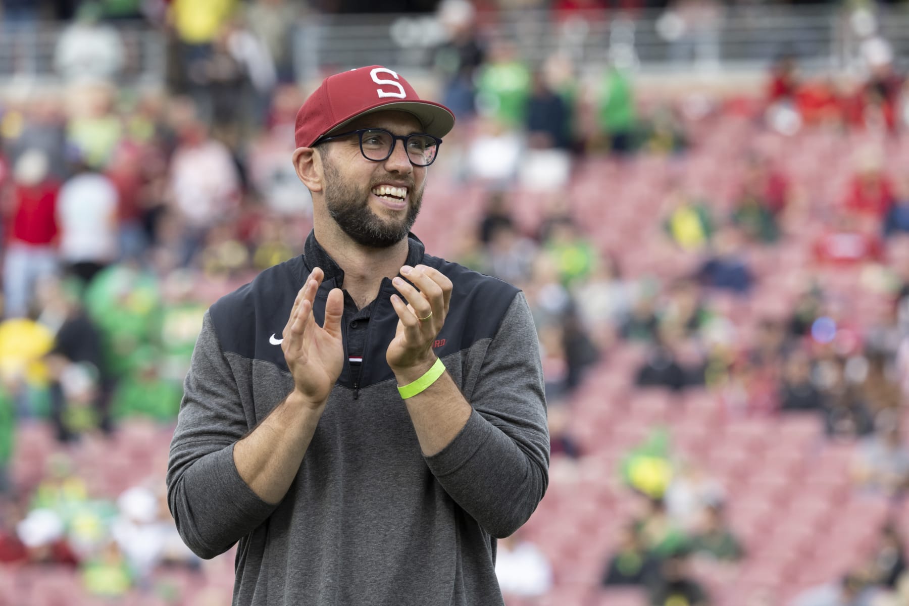 PALO ALTO, CA - SEPTEMBER 30:  Former Stanford and NFL quarterback Andrew Luck is inducted into the Stanford Athletics Hall of Fame at halftime of a Pac-12 NCAA college football game between the Stanford Cardinal and the Oregon Ducks on September 30, 2023 at Stanford Stadium in Palo Alto, California.  (Photo by David Madison/Getty Images)