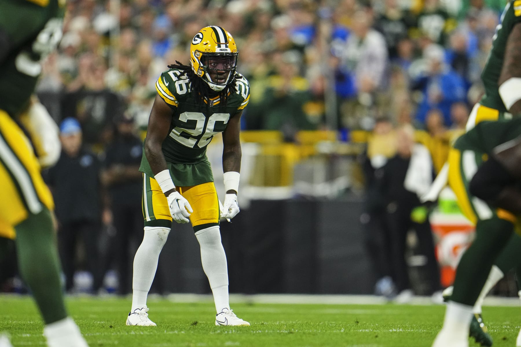 GREEN BAY, WI - SEPTEMBER 28: Darnell Savage #26 of the Green Bay Packers lines up during at Lambeau Field on September 28, 2023 in Green Bay, Wisconsin. (Photo by Cooper Neill/Getty Images)