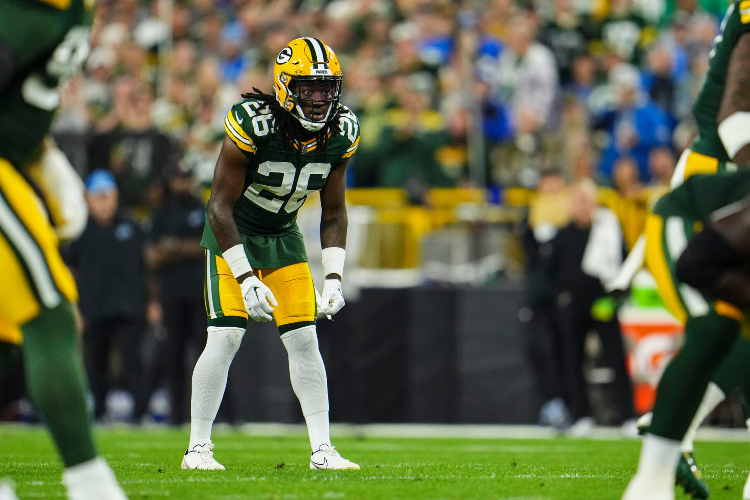 GREEN BAY, WI - SEPTEMBER 28: Darnell Savage #26 of the Green Bay Packers lines up during at Lambeau Field on September 28, 2023 in Green Bay, Wisconsin. (Photo by Cooper Neill/Getty Images)