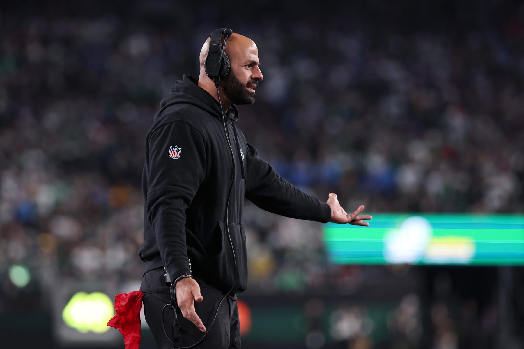 EAST RUTHERFORD, NEW JERSEY - NOVEMBER 06: Head coach Robert Saleh of the New York Jets reacts during the first half against the Los Angeles Chargers at MetLife Stadium on November 06, 2023 in East Rutherford, New Jersey. (Photo by Elsa/Getty Images)