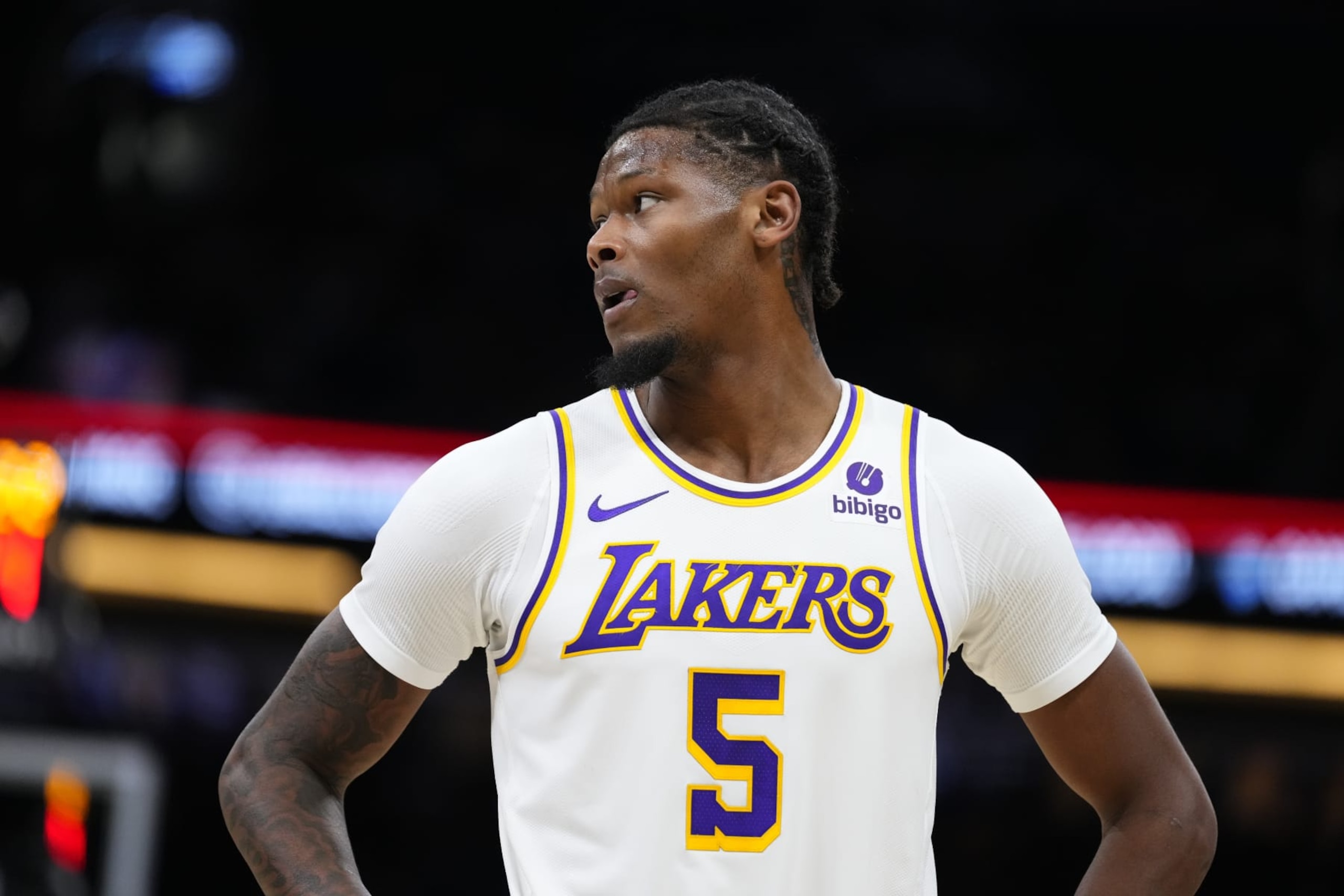 ORLANDO, FLORIDA - NOVEMBER 04: Cam Reddish #5 of the Los Angeles Lakers looks on against the Orlando Magic during the first half at Amway Center on November 04, 2023 in Orlando, Florida. NOTE TO USER: User expressly acknowledges and agrees that, by downloading and or using this photograph, User is consenting to the terms and conditions of the Getty Images License Agreement. (Photo by Rich Storry/Getty Images) ORLANDO, FLORIDA - NOVEMBER 04: Cam Reddish #5 of the Los Angeles Lakers looks on against the Orlando Magic during the first half at Amway Center on November 04, 2023 in Orlando, Florida. NOTE TO USER: User expressly acknowledges and agrees that, by downloading and or using this photograph, User is consenting to the terms and conditions of the Getty Images License Agreement. (Photo by Rich Storry/Getty Images)