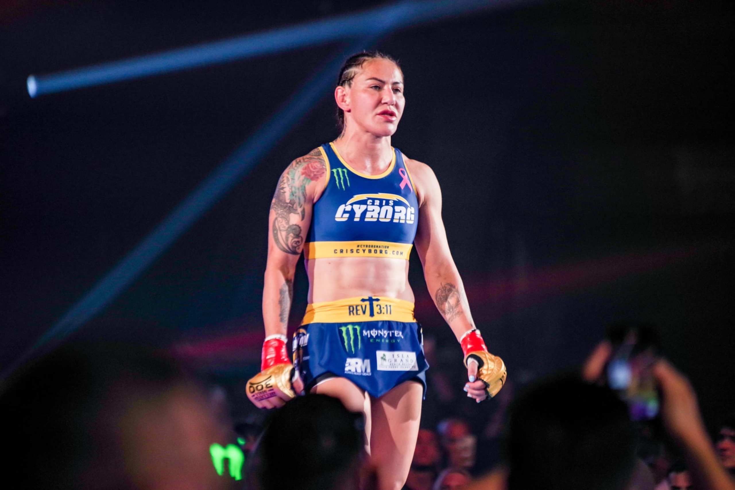 SAN DIEGO, CA - OCTOBER 7: Cris Cyborg steps into the arena to defend her Bellator Featherweight Title during Bellator 300 on October 7, 2023, at Pechanga Arena in San Diego, CA. (Photo by Matt Davies/PxImages/Icon Sportswire via Getty Images)