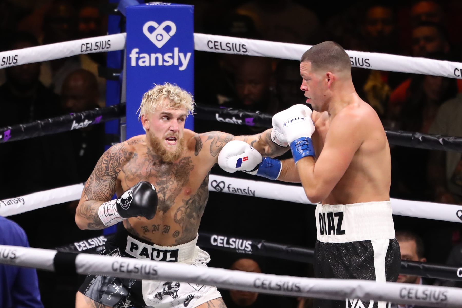 DALLAS, TEXAS - AUGUST 5: (L-R) Jake Paul punches Nate Diaz in their 8-round main-event Cruiserweight bout at Paul vs Diaz at American Airlines Center on August 5, 2023 in Dallas, Texas. (Photo by Alejandro Salazar/PxImages/Icon Sportswire via Getty Images)
