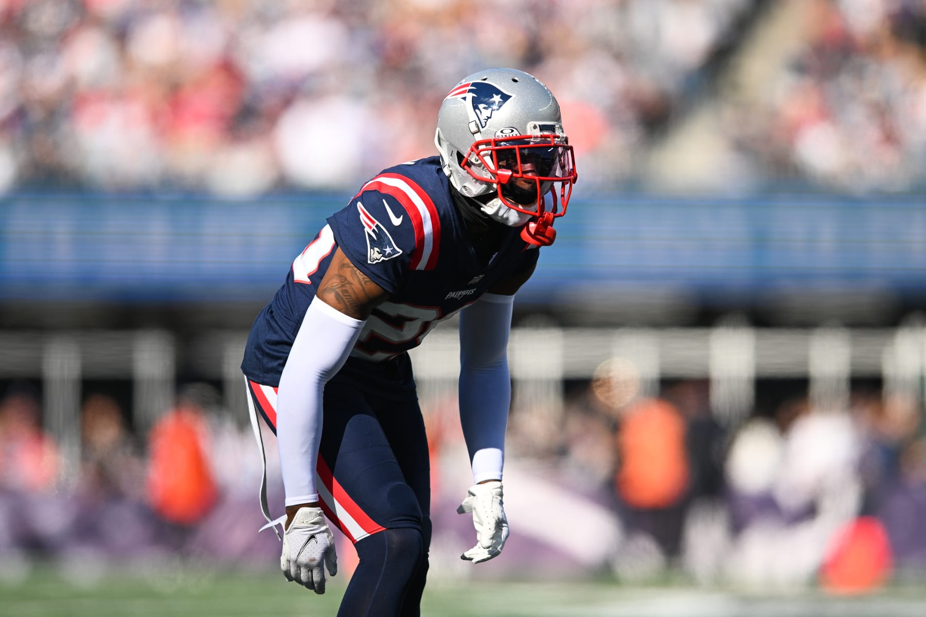 FOXBORO, MA - OCTOBER 8: J.C. Jackson #29 of the New England Patriots lines up before the snap during the second half against the New Orleans Saints at Gillette Stadium on October 8, 2023 in Foxboro, Massachusetts. (Photo by Kathryn Riley/Getty Images)