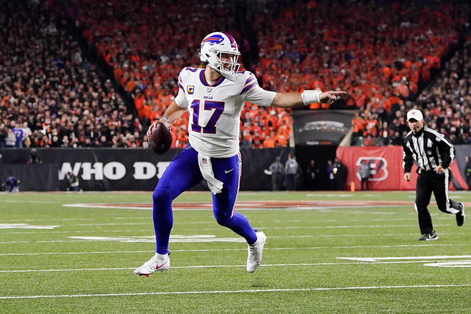 CINCINNATI, OHIO - NOVEMBER 05: Josh Allen #17 of the Buffalo Bills runs with the ball in the first quarter against the Cincinnati Bengals at Paycor Stadium on November 05, 2023 in Cincinnati, Ohio. (Photo by Dylan Buell/Getty Images)