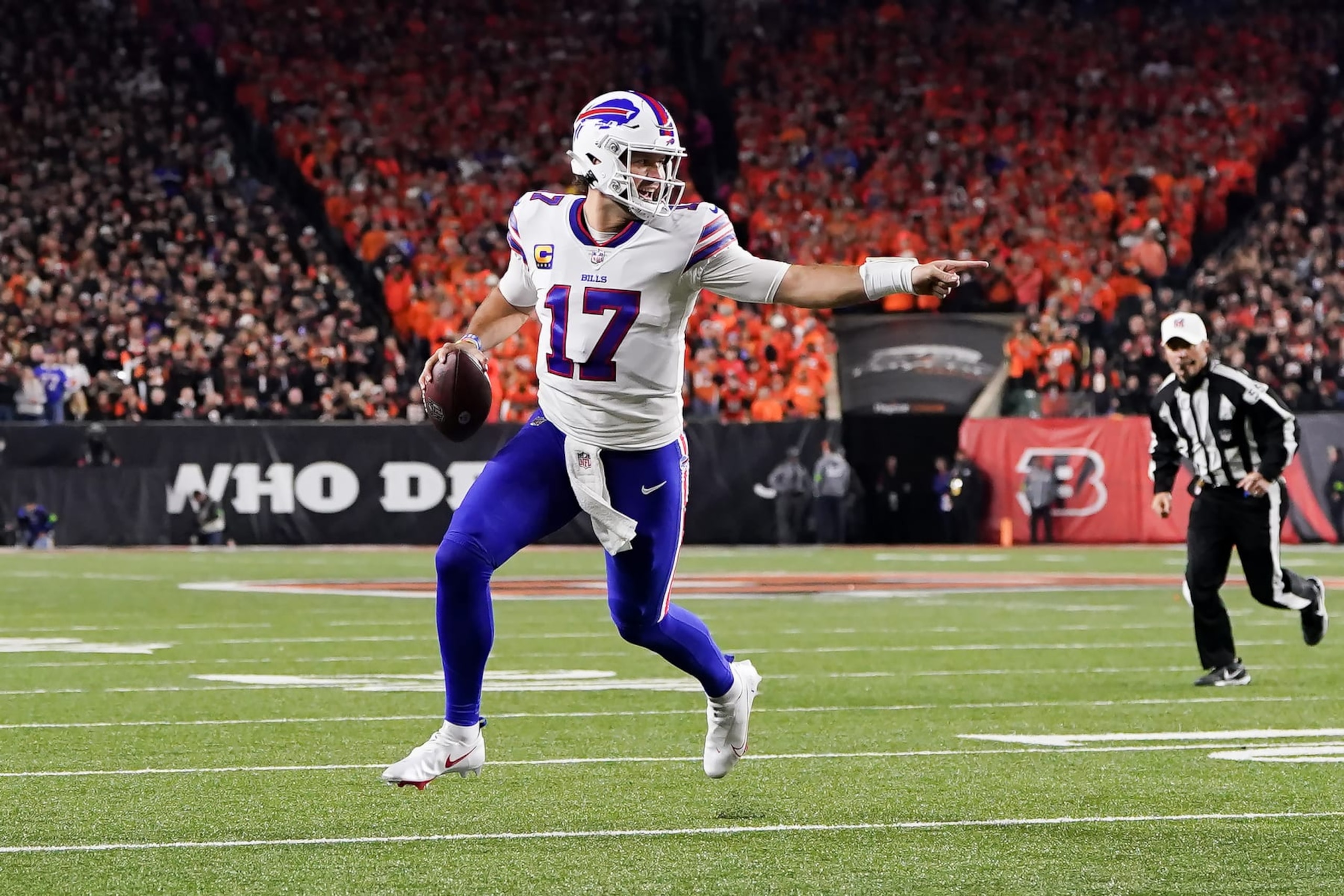 CINCINNATI, OHIO - NOVEMBER 05: Josh Allen #17 of the Buffalo Bills runs with the ball in the first quarter against the Cincinnati Bengals at Paycor Stadium on November 05, 2023 in Cincinnati, Ohio. (Photo by Dylan Buell/Getty Images)