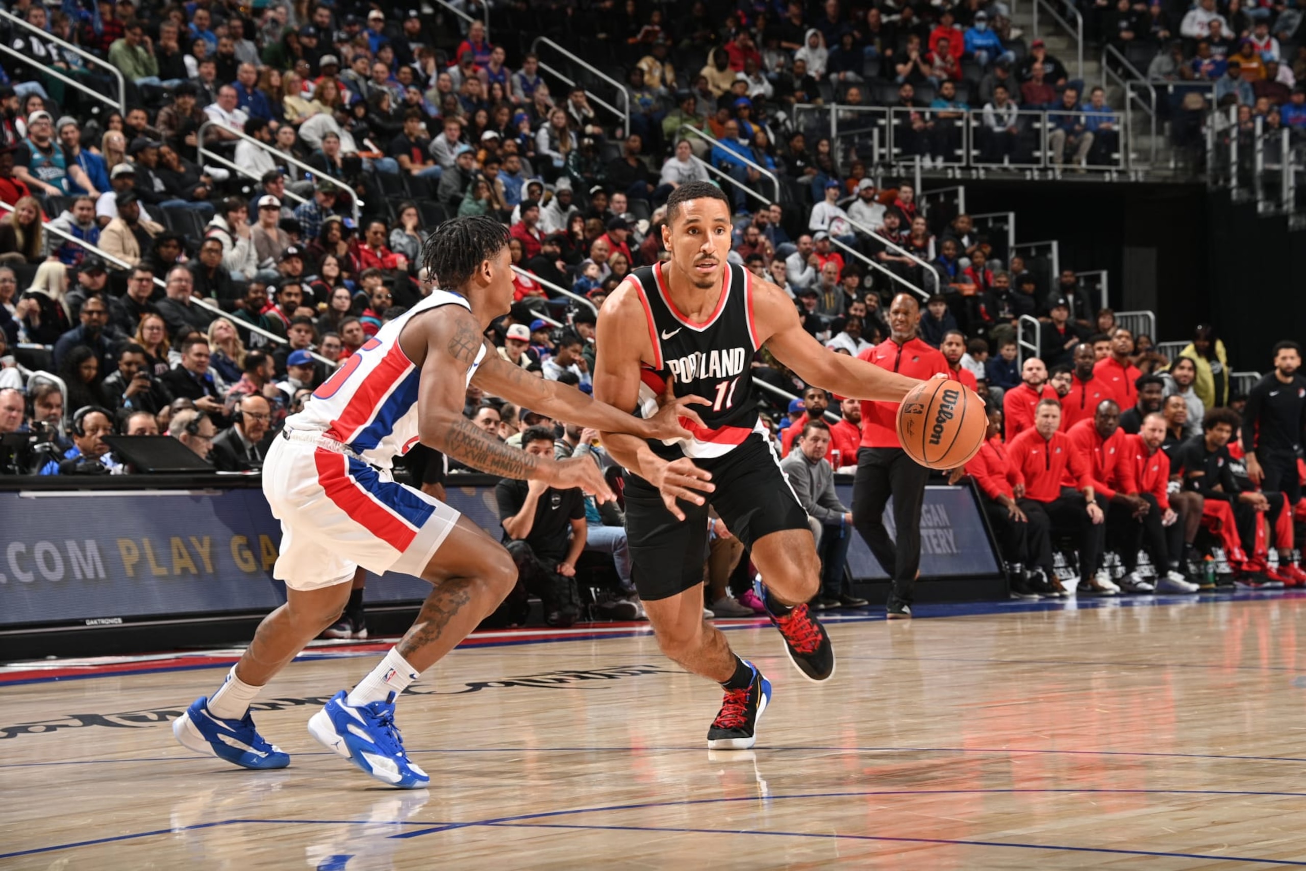DETROIT, MI - NOVEMBER 1: Kevin Knox II #11 of the Portland Trail Blazers dribbles the ball during the game against the Detroit Pistons on November 1, 2023 at Little Caesars Arena in Detroit, Michigan. NOTE TO USER: User expressly acknowledges and agrees that, by downloading and/or using this photograph, User is consenting to the terms and conditions of the Getty Images License Agreement. Mandatory Copyright Notice: Copyright 2023 NBAE (Photo by Chris Schwegler/NBAE via Getty Images)