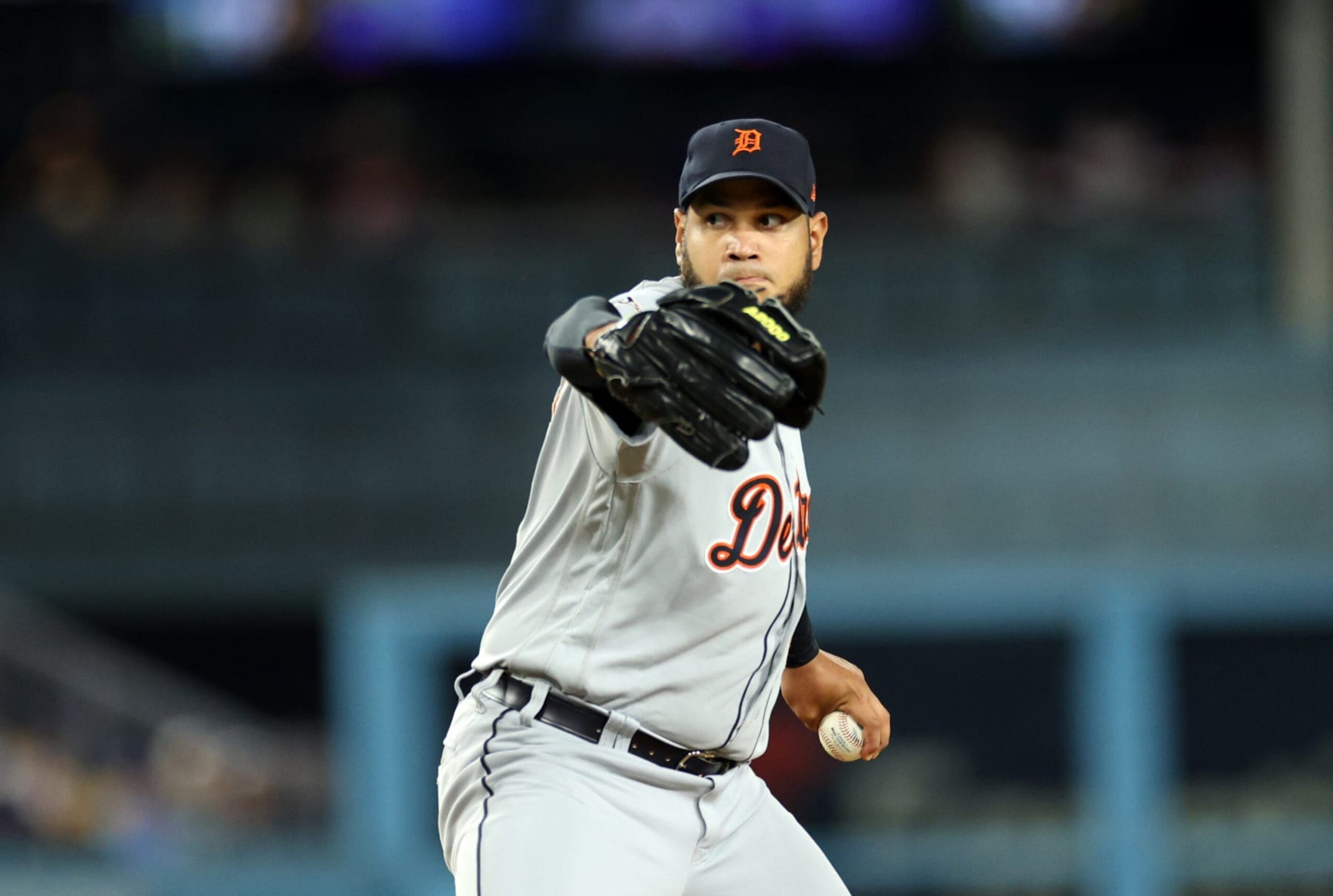 LOS ANGELES, CALIFORNIA - SEPTEMBER 18: Starting pitcher Eduardo Rodriguez #57 of the Detroit Tigers throws against the Los Angeles Dodgers during the first inning at Dodger Stadium on September 18, 2023 in Los Angeles, California. (Photo by Kevork Djansezian/Getty Images)