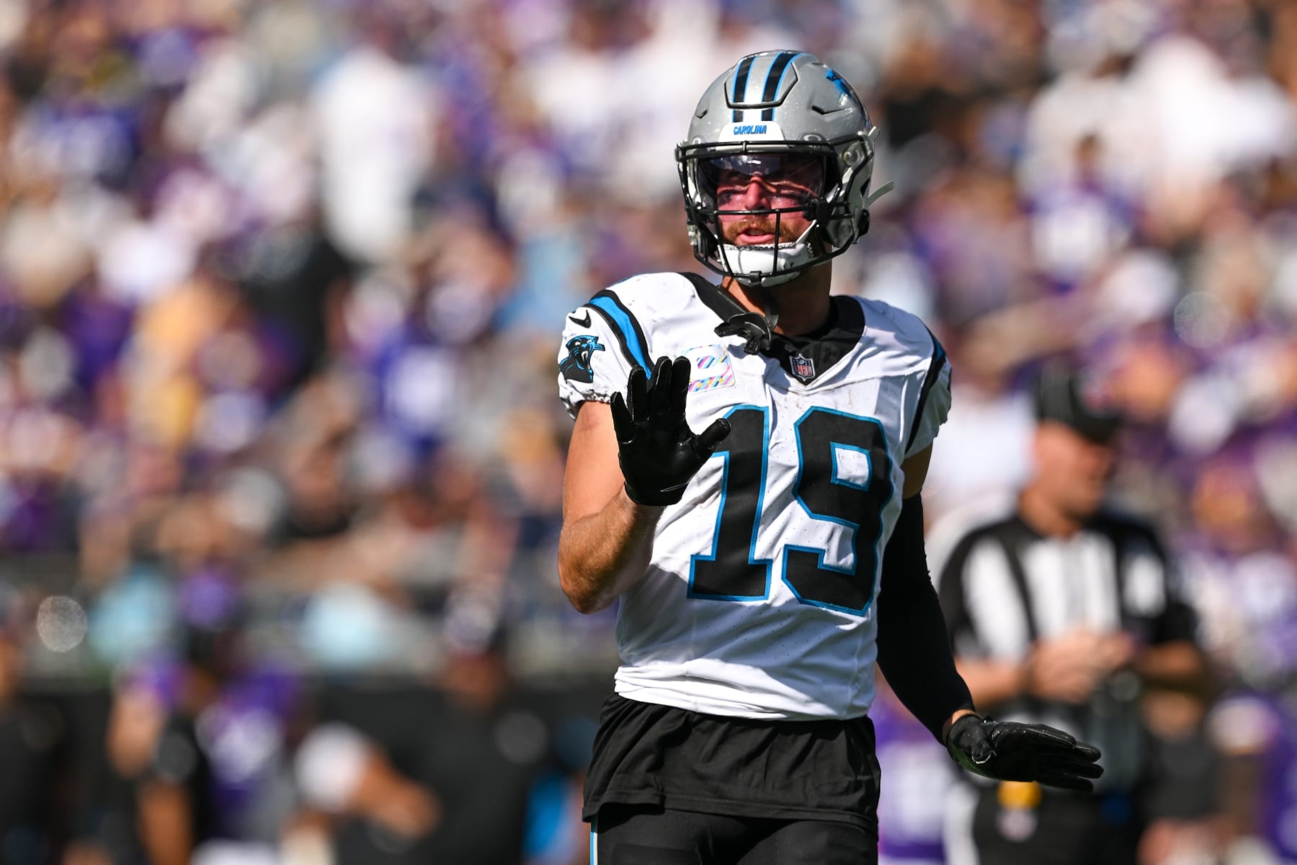 CHARLOTTE, NORTH CAROLINA - OCTOBER 01: Adam Thielen #19 of the Carolina Panthers lines up against the Minnesota Vikings during the game at Bank of America Stadium on October 01, 2023 in Charlotte, North Carolina. (Photo by Grant Halverson/Getty Images)