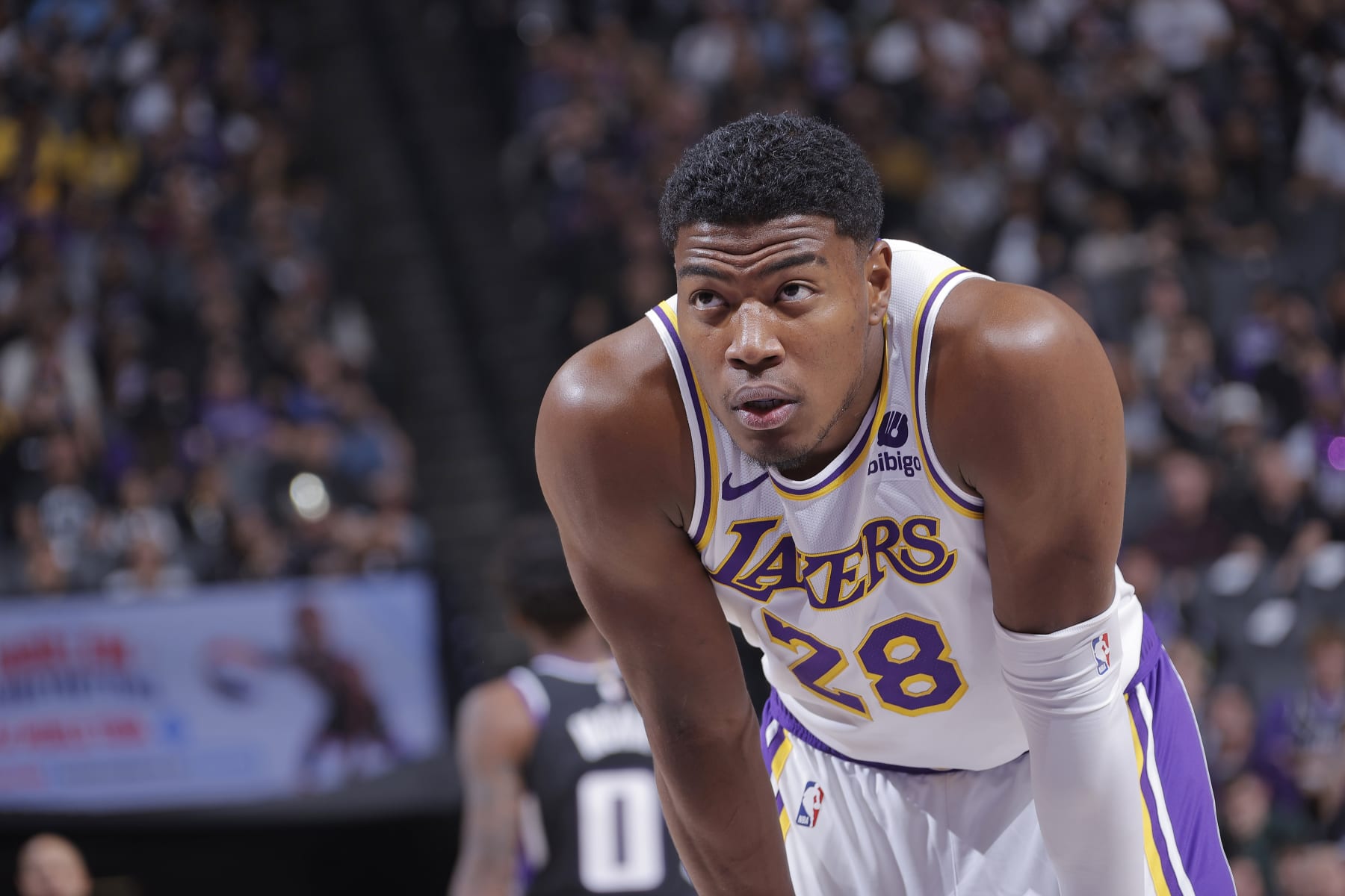 SACRAMENTO, CA - OCTOBER 29: Rui Hachimura #28 of the Los Angeles Lakers looks on during the game against the Sacramento Kings on October 29, 2023 at Golden 1 Center in Sacramento, California. NOTE TO USER: User expressly acknowledges and agrees that, by downloading and or using this photograph, User is consenting to the terms and conditions of the Getty Images Agreement. Mandatory Copyright Notice: Copyright 2023 NBAE (Photo by Rocky Widner/NBAE via Getty Images)