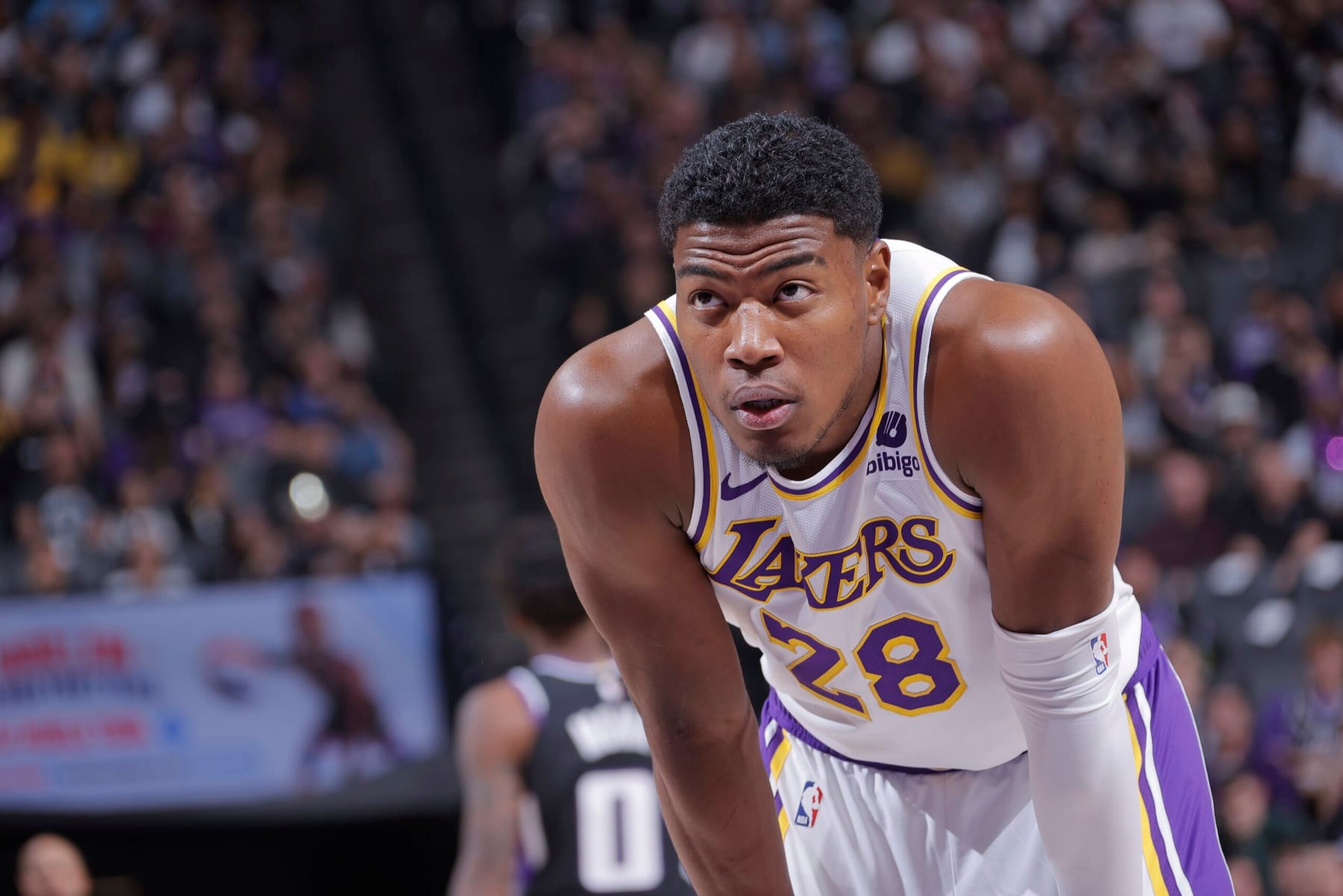 SACRAMENTO, CA - OCTOBER 29: Rui Hachimura #28 of the Los Angeles Lakers looks on during the game against the Sacramento Kings on October 29, 2023 at Golden 1 Center in Sacramento, California. NOTE TO USER: User expressly acknowledges and agrees that, by downloading and or using this photograph, User is consenting to the terms and conditions of the Getty Images Agreement. Mandatory Copyright Notice: Copyright 2023 NBAE (Photo by Rocky Widner/NBAE via Getty Images)