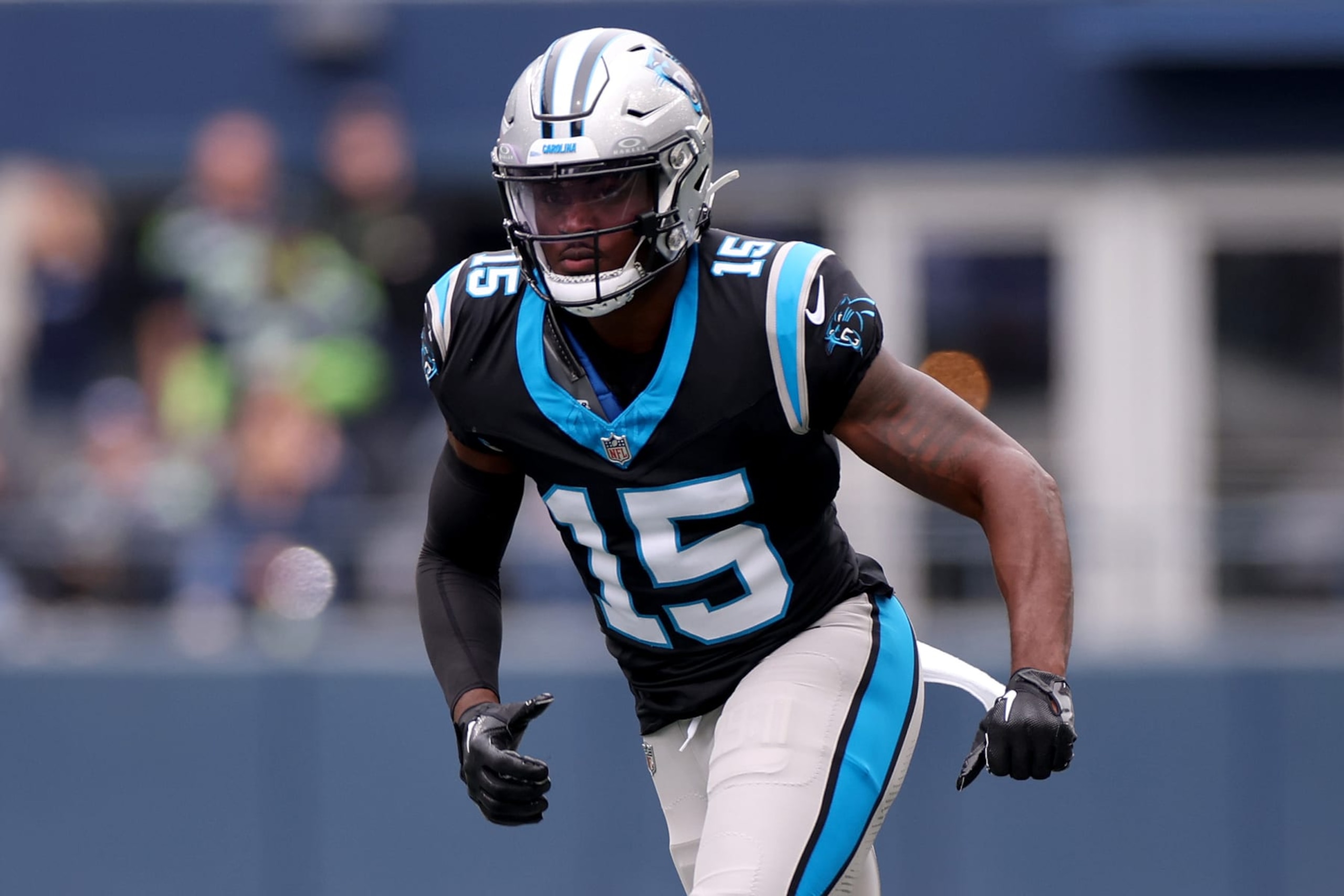 SEATTLE, WASHINGTON - SEPTEMBER 24: Jonathan Mingo #15 of the Carolina Panthers in action during the first quarter against the Seattle Seahawks at Lumen Field on September 24, 2023 in Seattle, Washington. (Photo by Steph Chambers/Getty Images)