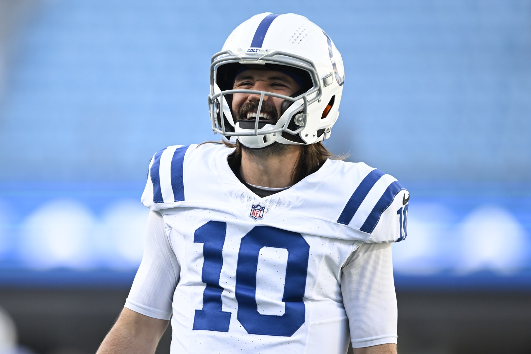 CHARLOTTE, NORTH CAROLINA - NOVEMBER 05: Gardner Minshew #10 of the Indianapolis Colts looks on before the game against the Carolina Panthers at Bank of America Stadium on November 05, 2023 in Charlotte, North Carolina. (Photo by Eakin Howard/Getty Images)