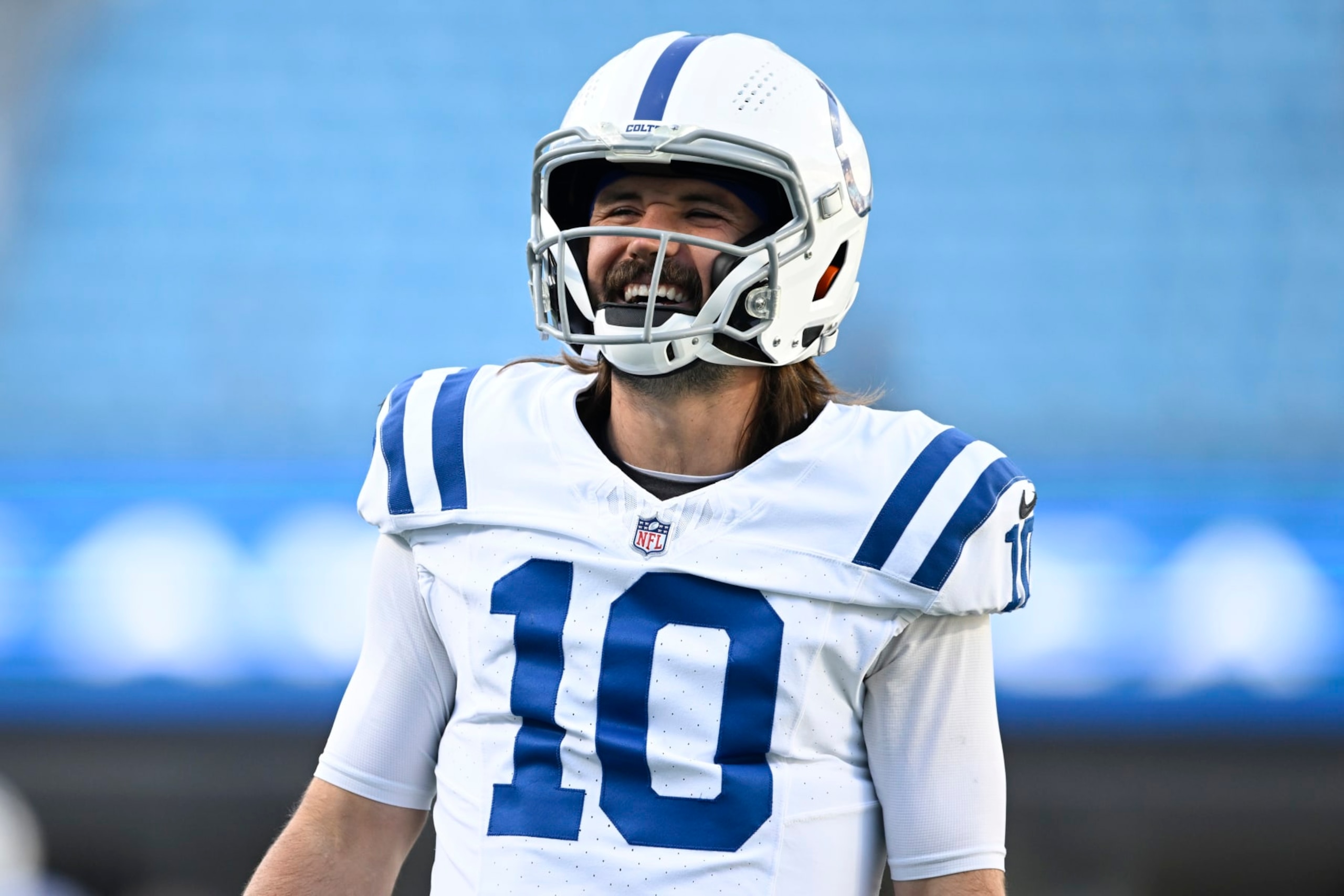 CHARLOTTE, NORTH CAROLINA - NOVEMBER 05: Gardner Minshew #10 of the Indianapolis Colts looks on before the game against the Carolina Panthers at Bank of America Stadium on November 05, 2023 in Charlotte, North Carolina. (Photo by Eakin Howard/Getty Images)