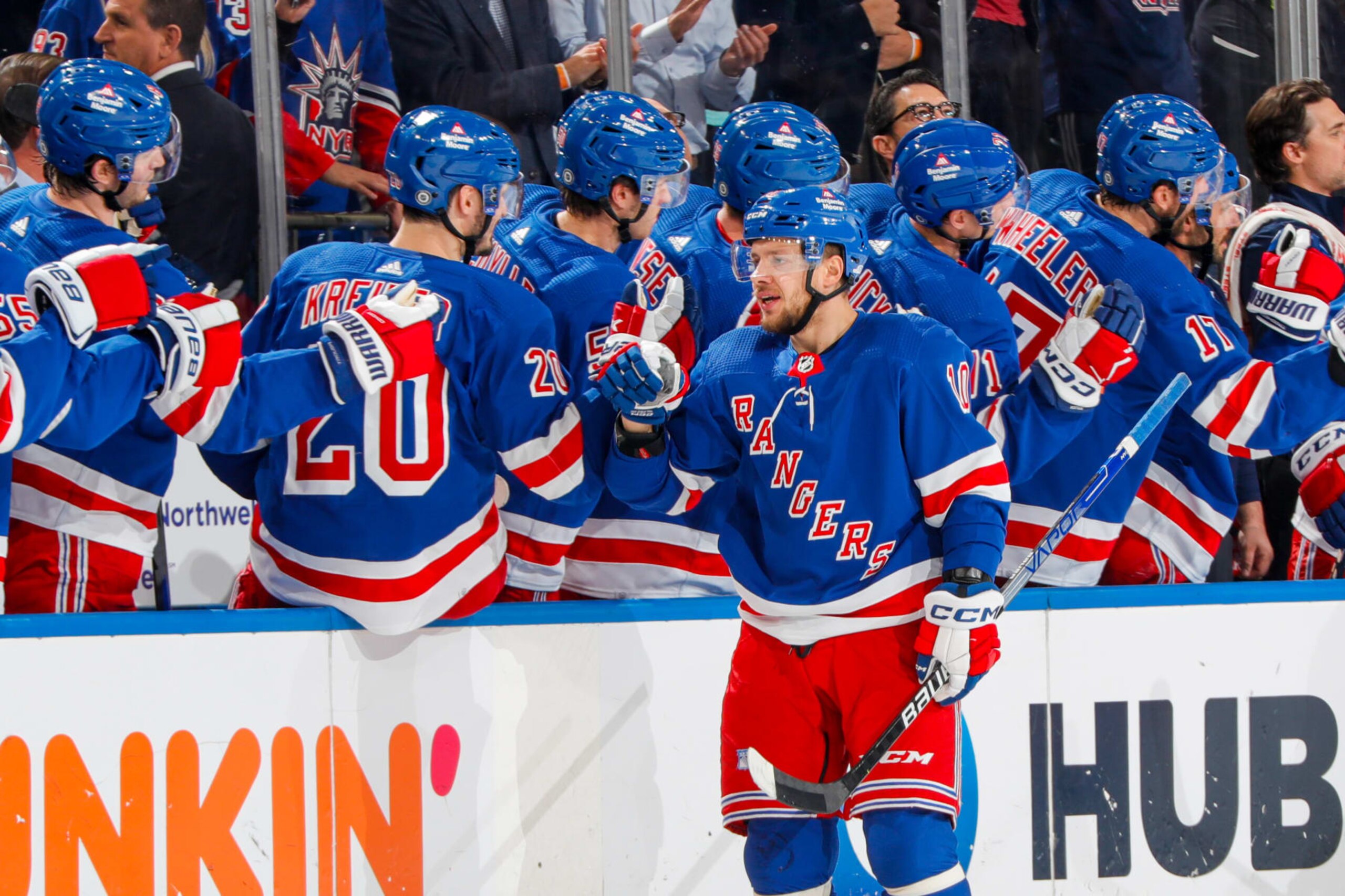 NEW YORK, NEW YORK - NOVEMBER 07:  Artemi Panarin #10 of the New York Rangers celebrates with teammates after scoring a goal in the second period against the Detroit Red Wings at Madison Square Garden on November 7, 2023 in New York City. (Photo by Jared Silber/NHLI via Getty Images)