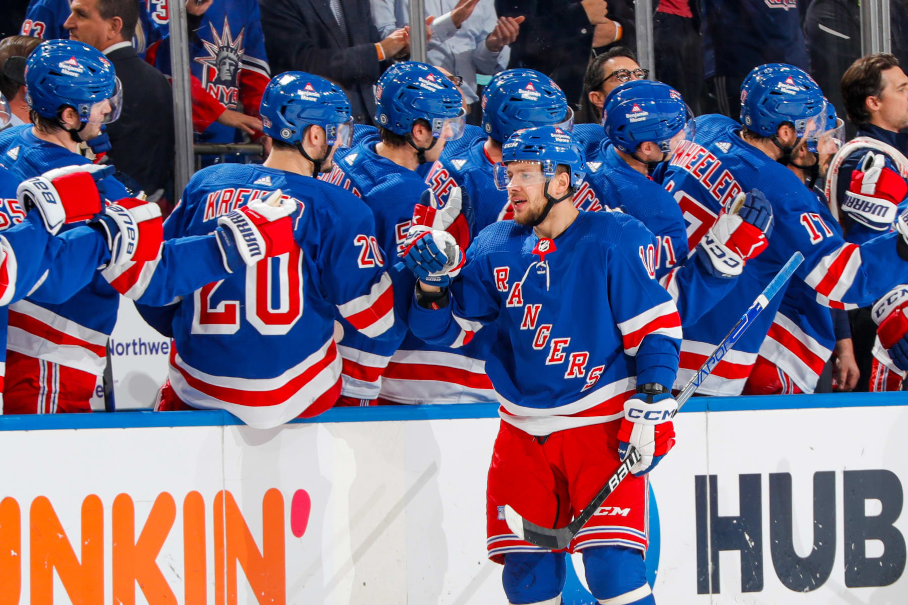 NEW YORK, NEW YORK - NOVEMBER 07: Artemi Panarin #10 of the New York Rangers celebrates with teammates after scoring a goal in the second period against the Detroit Red Wings at Madison Square Garden on November 7, 2023 in New York City. (Photo by Jared Silber/NHLI via Getty Images) NEW YORK, NEW YORK - NOVEMBER 07: Artemi Panarin #10 of the New York Rangers celebrates with teammates after scoring a goal in the second period against the Detroit Red Wings at Madison Square Garden on November 7, 2023 in New York City. (Photo by Jared Silber/NHLI via Getty Images)