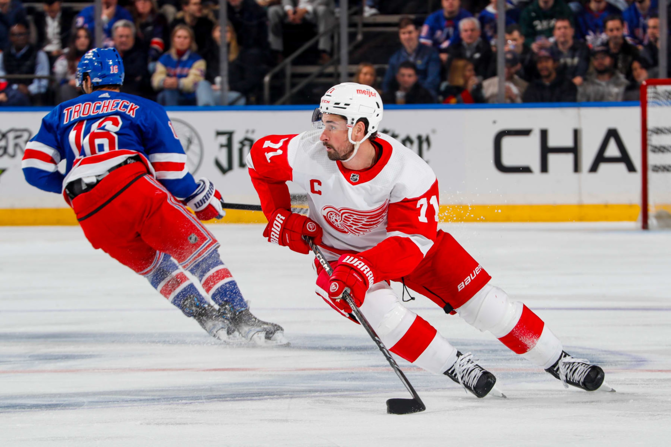 NEW YORK, NEW YORK - NOVEMBER 07:  Dylan Larkin #71 of the Detroit Red Wings skates with the puck against the New York Rangers at Madison Square Garden on November 7, 2023 in New York City. (Photo by Jared Silber/NHLI via Getty Images)