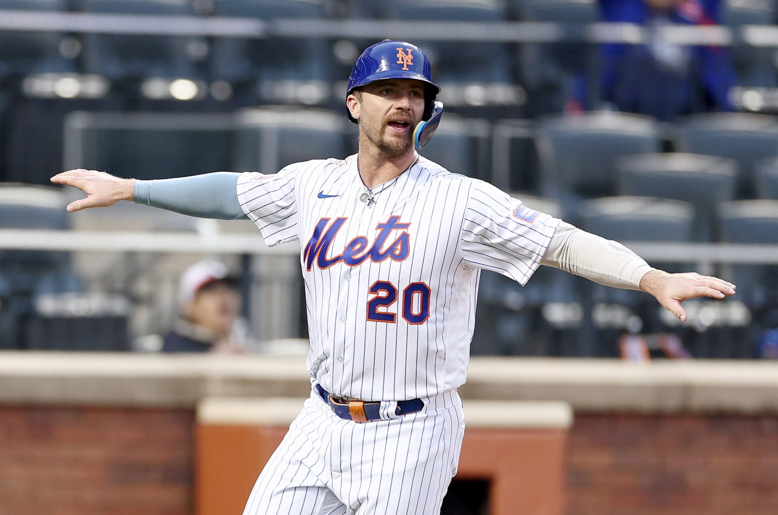NEW YORK, NEW YORK - SEPTEMBER 27: Pete Alonso #20 of the New York Mets reacts after he scored in seventh inning during game one of a double header at Citi Field on September 27, 2023 in the Flushing neighborhood of the Queens borough of New York City. (Photo by Elsa/Getty Images)