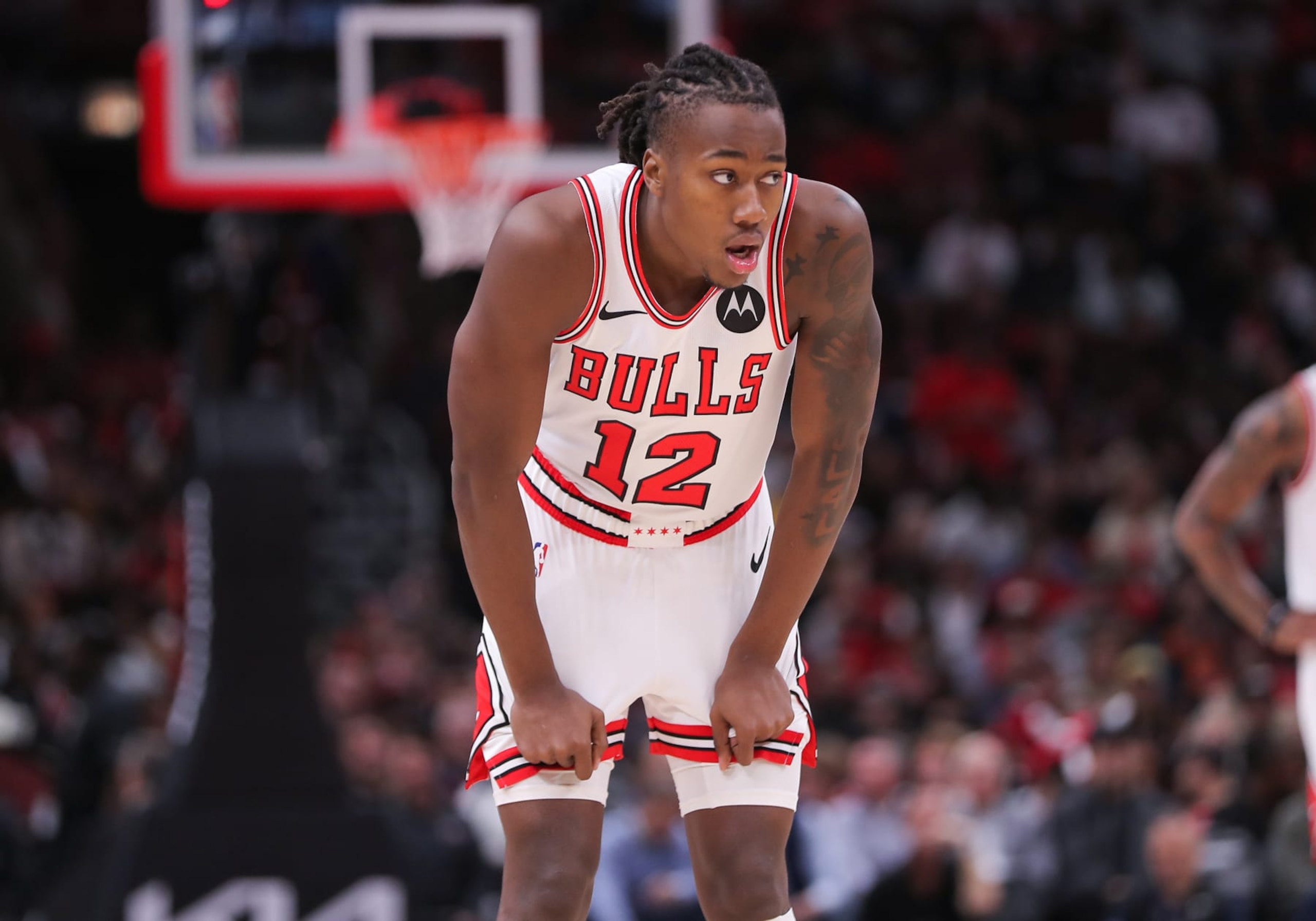 CHICAGO, IL - NOVEMBER 06: Ayo Dosunmu #12 of the Chicago Bulls looks on against the Utah Jazz during the first half at the United Center on November 6, 2023 in Chicago, Illinois. (Photo by Melissa Tamez/Icon Sportswire via Getty Images)