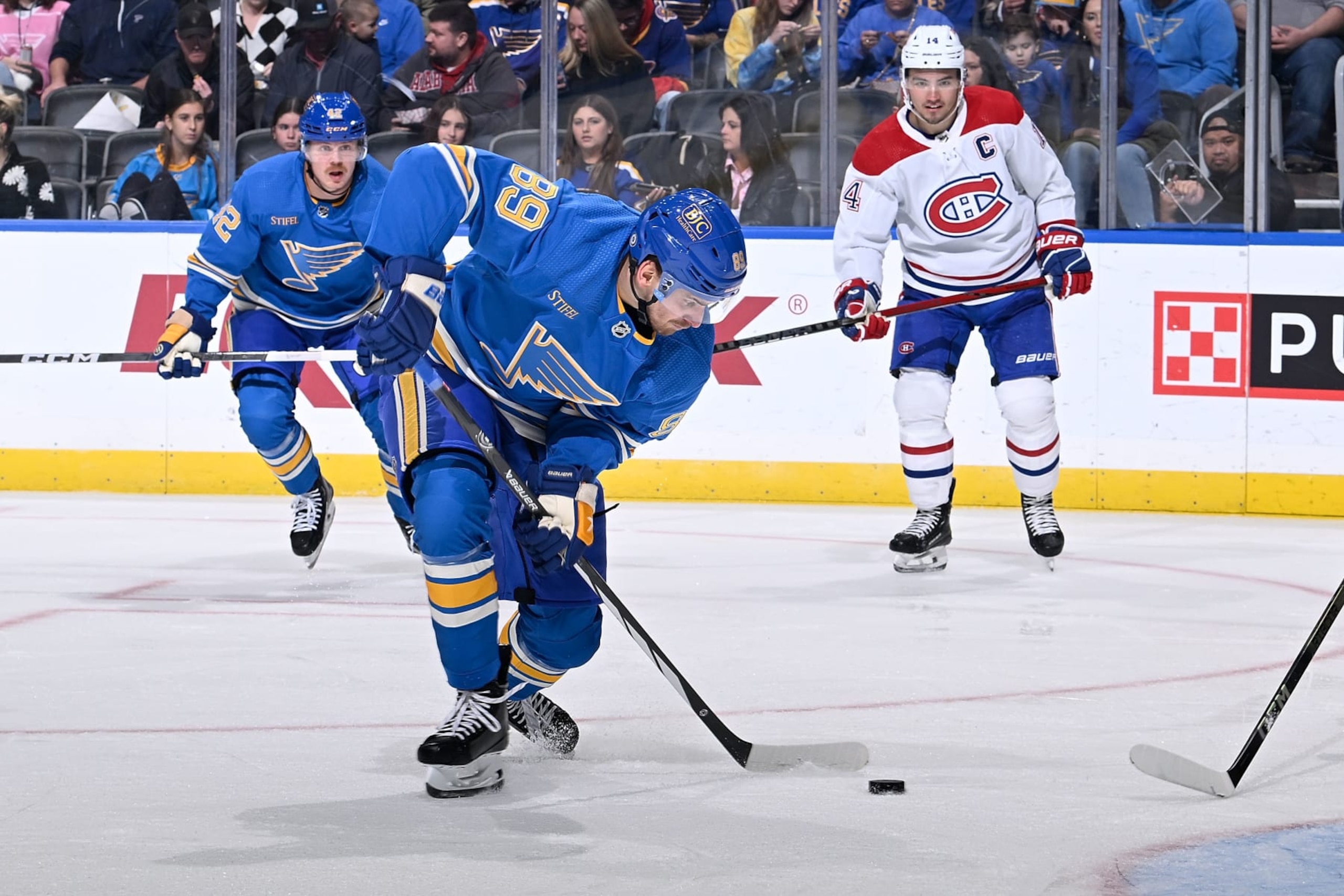 ST. LOUIS, MO - NOVEMBER 4: Pavel Buchnevich #89 of the St. Louis Blues takes a shot against the Montreal Canadiens on November 4 2023 at the Enterprise Center in St. Louis, Missouri. (Photo by Scott Rovak/NHLI via Getty Images)