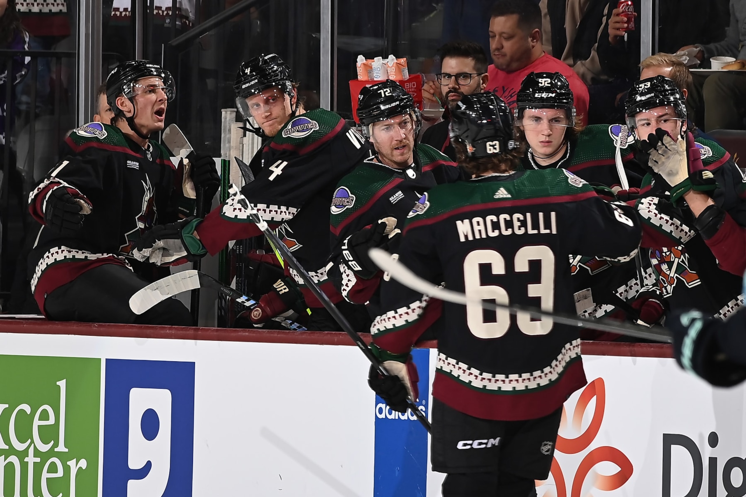 TEMPE, ARIZONA - NOVEMBER 07: Matias Maccelli #63 of the Arizona Coyotes celebrates with teammates on the bench after scoring a goal against the Seattle Kraken during the first period of the game at Mullett Arena on November 07, 2023 in Tempe, Arizona. (Photo by Norm Hall/NHLI via Getty Images)