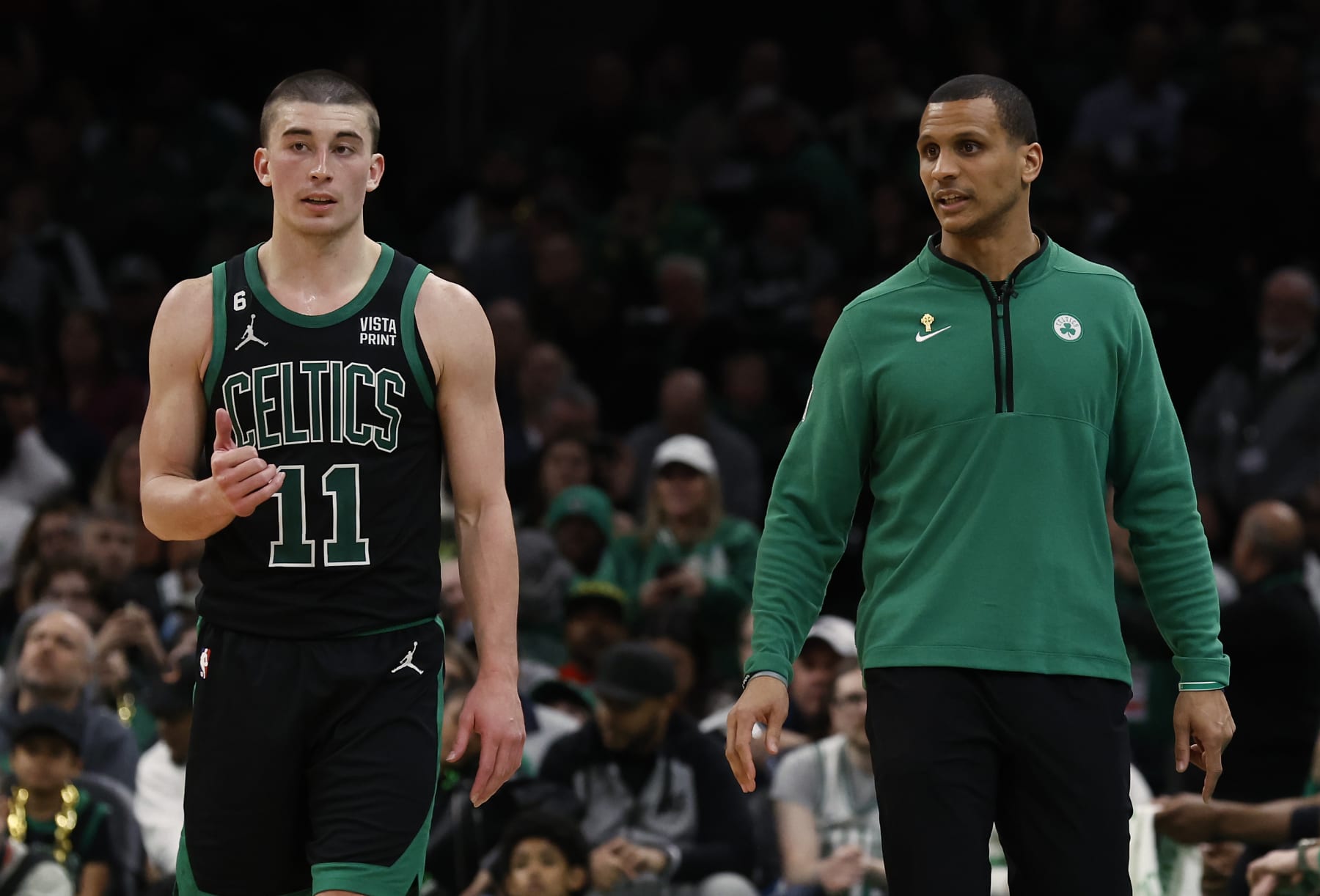 BOSTON, MA - APRIL 9: Head coach Joe Mazzulla of the Boston Celtics talks with Payton Pritchard #11 during the second half against the Atlanta Hawks at TD Garden on April 9, 2023 in Boston, Massachusetts. NOTE TO USER: User expressly acknowledges and agrees that, by downloading and/or using this Photograph, user is consenting to the terms and conditions of the Getty Images License Agreement. (Photo By Winslow Townson/Getty Images)