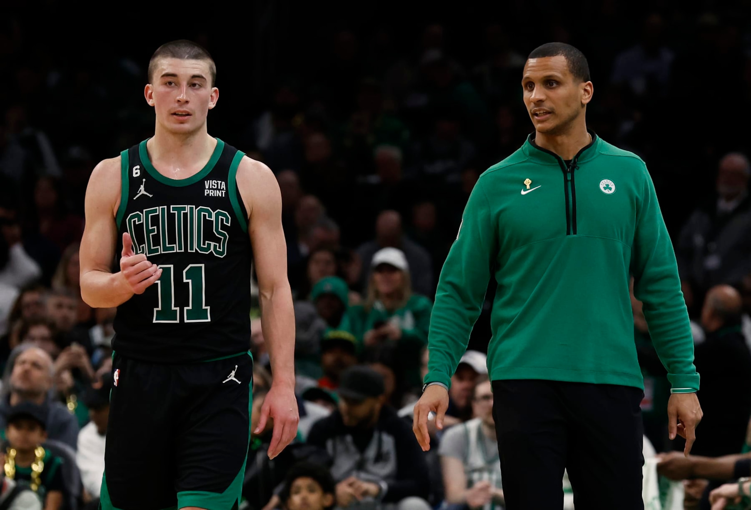 BOSTON, MA - APRIL 9: Head coach Joe Mazzulla of the Boston Celtics talks with Payton Pritchard #11 during the second half against the Atlanta Hawks at TD Garden on April 9, 2023 in Boston, Massachusetts. NOTE TO USER: User expressly acknowledges and agrees that, by downloading and/or using this Photograph, user is consenting to the terms and conditions of the Getty Images License Agreement. (Photo By Winslow Townson/Getty Images)