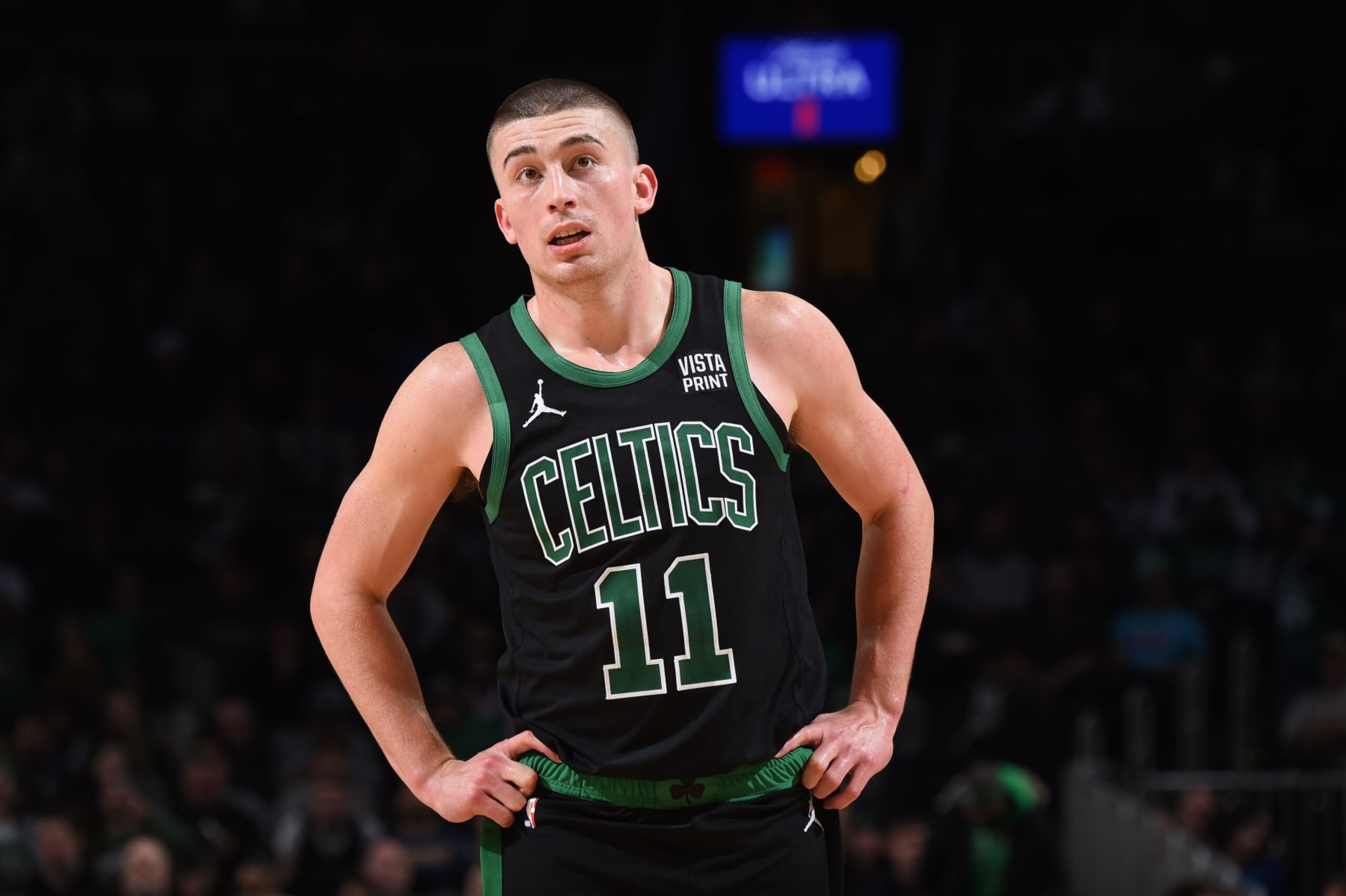 BOSTON, MA - NOVEMBER 1: Payton Pritchard #11 of the Boston Celtics looks on during the game against the Indiana Pacers on November 1, 2023 at the TD Garden in Boston, Massachusetts. NOTE TO USER: User expressly acknowledges and agrees that, by downloading and or using this photograph, User is consenting to the terms and conditions of the Getty Images License Agreement. Mandatory Copyright Notice: Copyright 2023 NBAE  (Photo by Brian Babineau/NBAE via Getty Images)