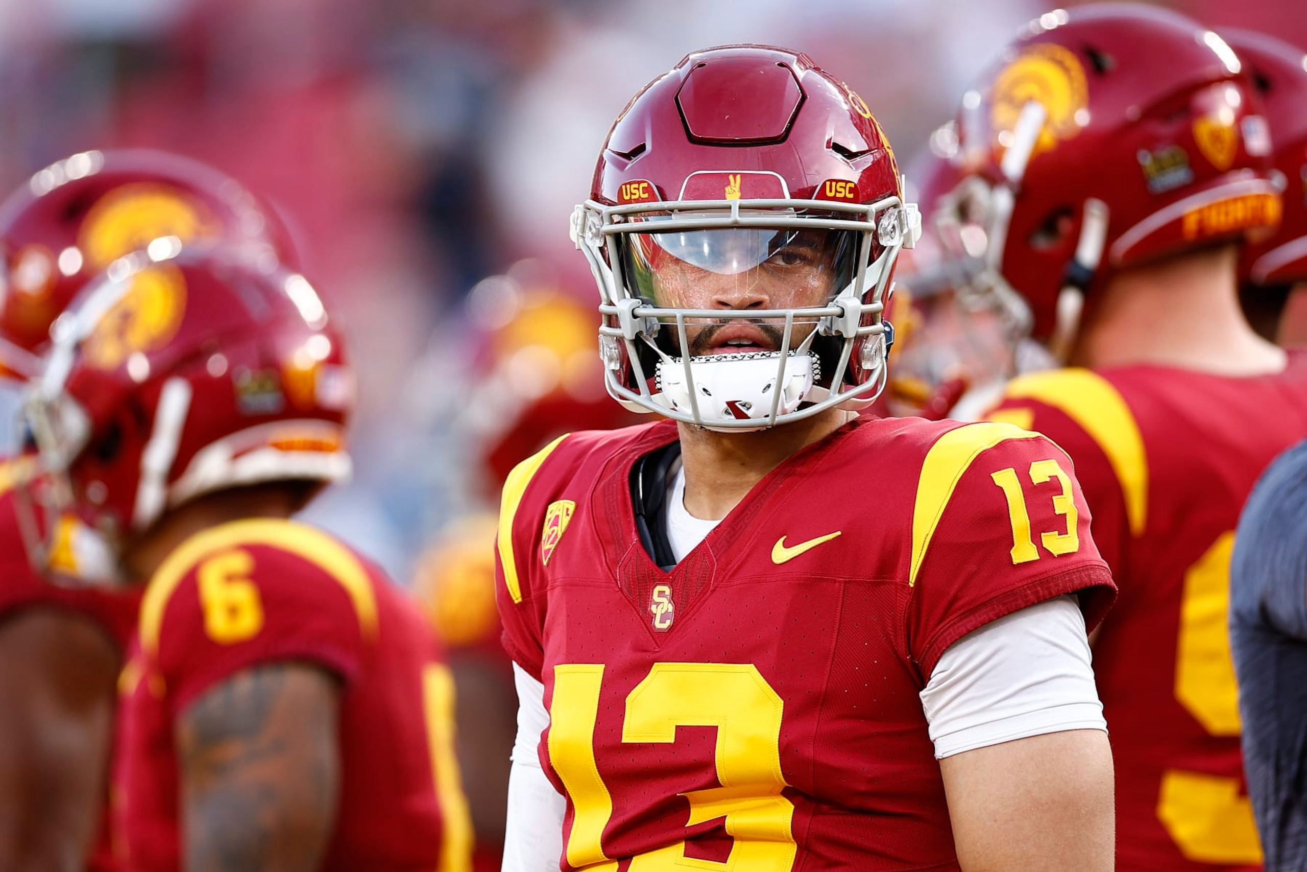 LOS ANGELES, CALIFORNIA - NOVEMBER 04:   Caleb Williams #13 of the USC Trojans at United Airlines Field at the Los Angeles Memorial Coliseum on November 04, 2023 in Los Angeles, California. (Photo by Ronald Martinez/Getty Images)