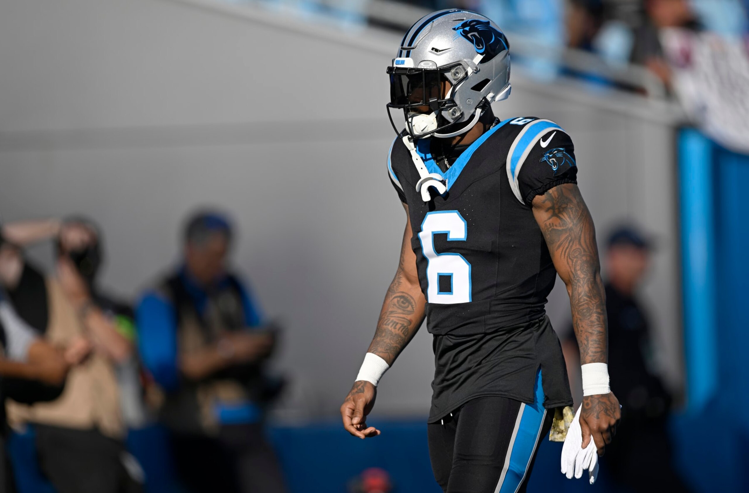 CHARLOTTE, NORTH CAROLINA - NOVEMBER 05: Miles Sanders #6 of the Carolina Panthers warms up prior to a game against the Indianapolis Colts at Bank of America Stadium on November 05, 2023 in Charlotte, North Carolina. (Photo by Eakin Howard/Getty Images)