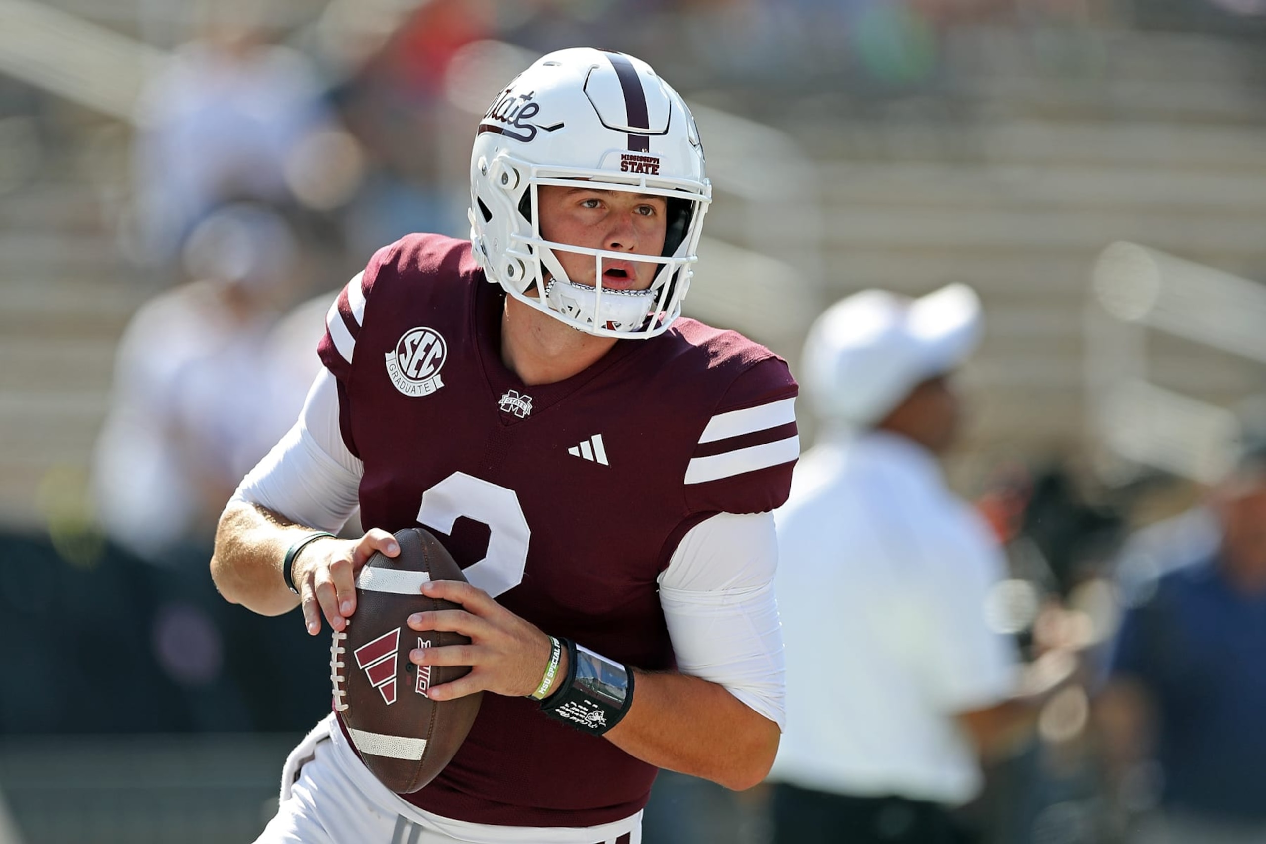 STARKVILLE, MISSISSIPPI - SEPTEMBER 16: Will Rogers #2 of the Mississippi State Bulldogs warms up before the game against the LSU Tigers at Davis Wade Stadium on September 16, 2023 in Starkville, Mississippi. (Photo by Justin Ford/Getty Images) STARKVILLE, MISSISSIPPI - SEPTEMBER 16: Will Rogers #2 of the Mississippi State Bulldogs warms up before the game against the LSU Tigers at Davis Wade Stadium on September 16, 2023 in Starkville, Mississippi. (Photo by Justin Ford/Getty Images)