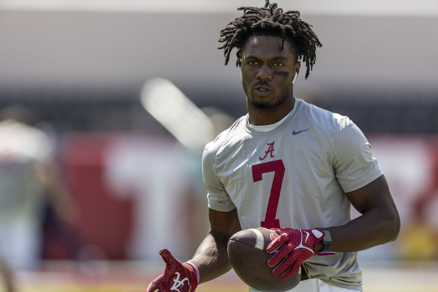Alabama wide receiver Ja'Corey Brooks (7) warms up early before an NCAA college football game against Mississippi, Saturday, Sept. 23, 2023, in Tuscaloosa, Ala. (AP Photo/Vasha Hunt)