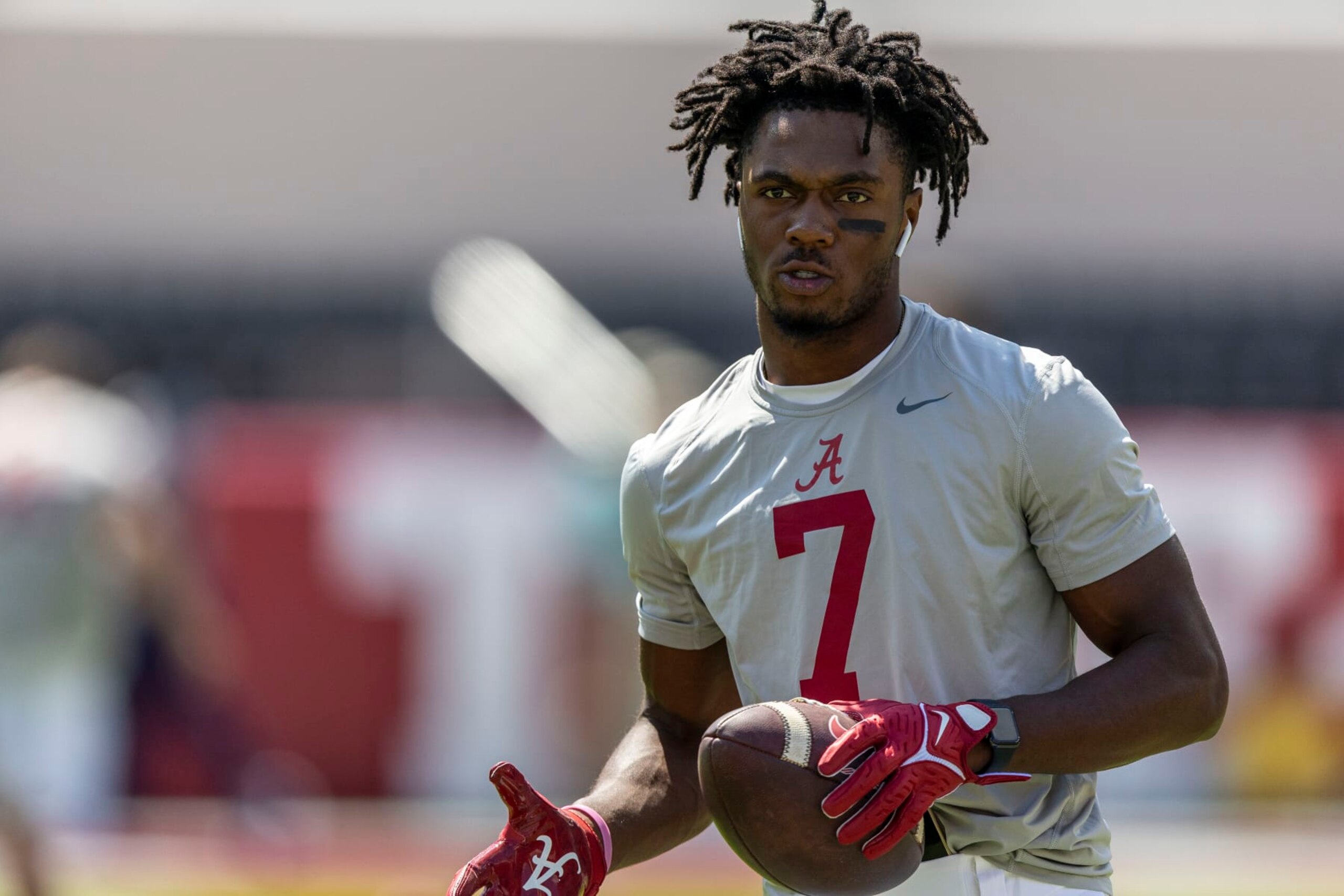 Alabama wide receiver Ja'Corey Brooks (7) warms up early before an NCAA college football game against Mississippi, Saturday, Sept. 23, 2023, in Tuscaloosa, Ala. (AP Photo/Vasha Hunt) Alabama wide receiver Ja'Corey Brooks (7) warms up early before an NCAA college football game against Mississippi, Saturday, Sept. 23, 2023, in Tuscaloosa, Ala. (AP Photo/Vasha Hunt)