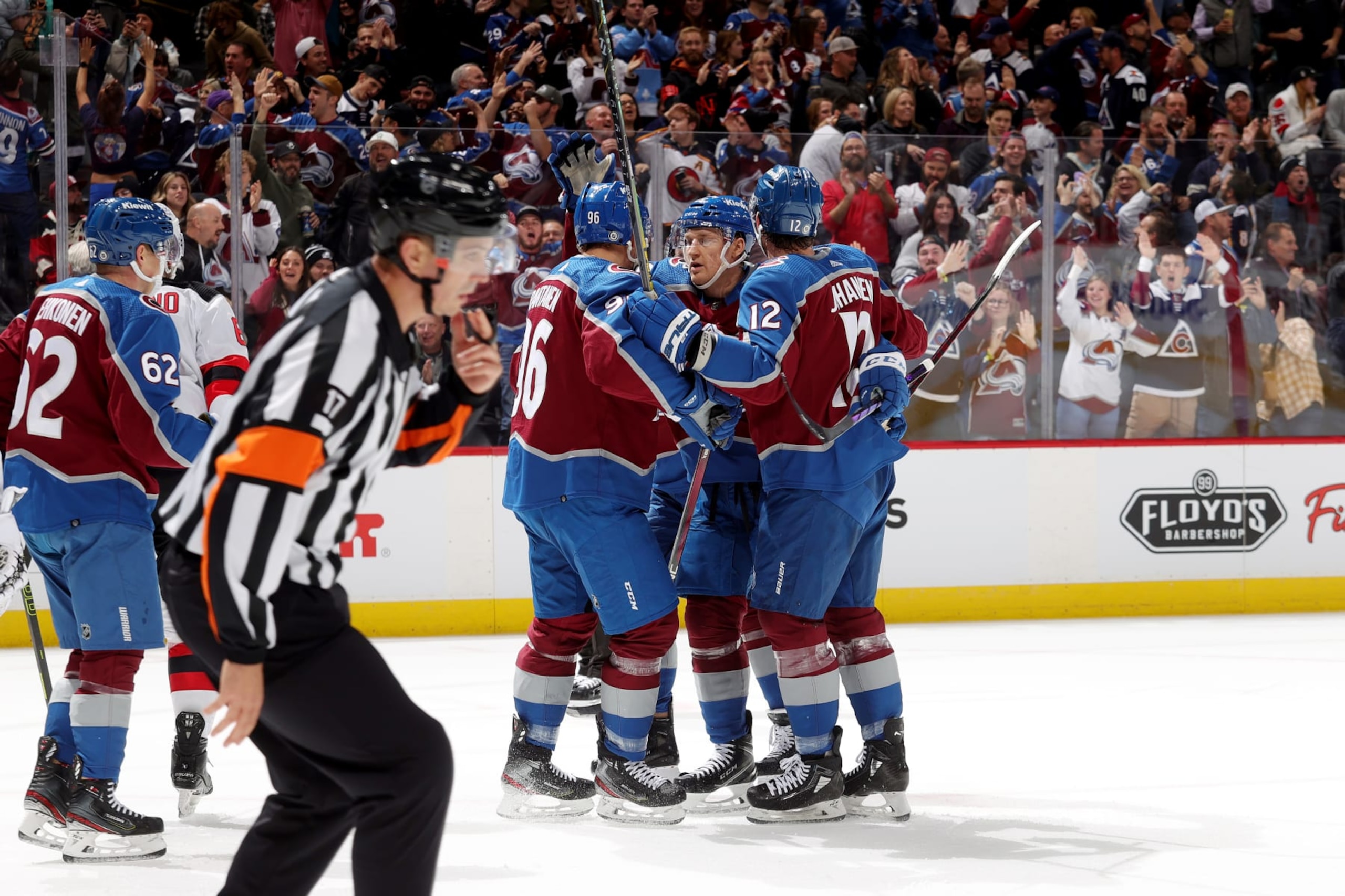 DENVER, COLORADO - NOVEMBER 07: Artturi Lehkonen #62, Mikko Rantanen #96, Cale Makar #8, Nathan MacKinnon #29 and Ryan Johansen #12 of the Colorado Avalanche celebrate a goal against the New Jersey Devils at Ball Arena on November 7, 2023 in Denver, Colorado. (Photo by Michael Martin/NHLI via Getty Images)