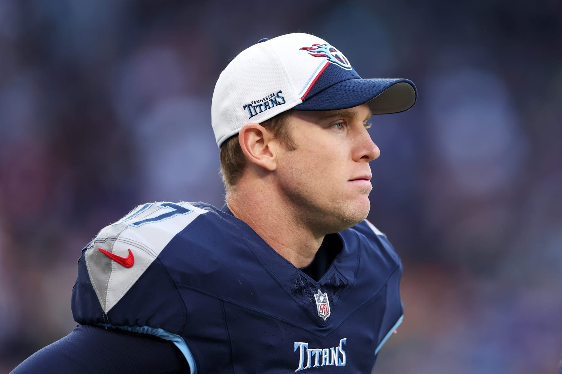 LONDON, ENGLAND - OCTOBER 15: Ryan Tannehill #17 of the Tennessee Titans looks on in the fourth quarter during the 2023 NFL London Games match between Baltimore Ravens and Tennessee Titans at Tottenham Hotspur Stadium on October 15, 2023 in London, England. (Photo by Alex Pantling/Getty Images)