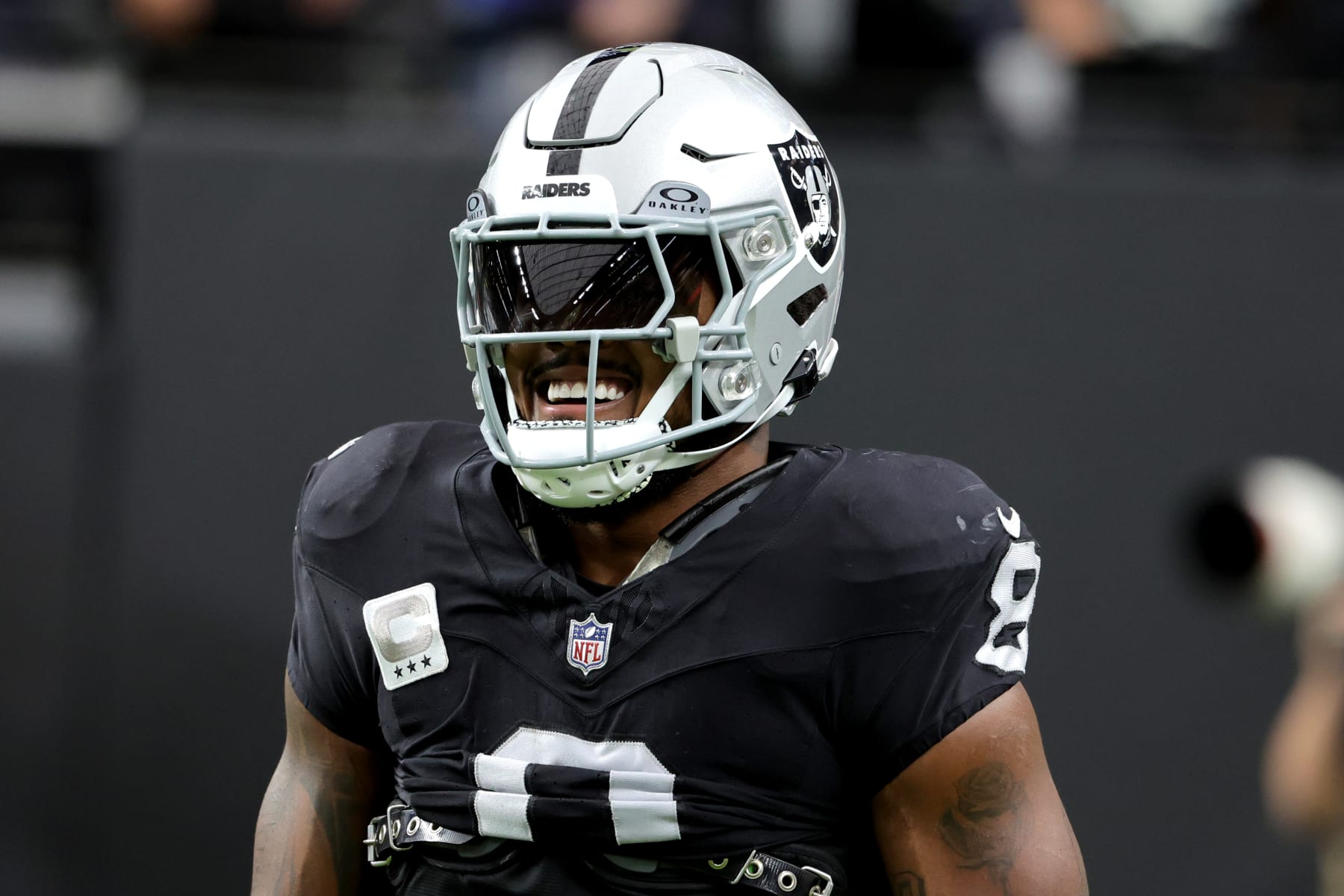 LAS VEGAS, NEVADA - NOVEMBER 05: Josh Jacobs #8 of the Las Vegas Raiders looks on before a game against the New York Giants at Allegiant Stadium on November 05, 2023 in Las Vegas, Nevada. (Photo by Ethan Miller/Getty Images)