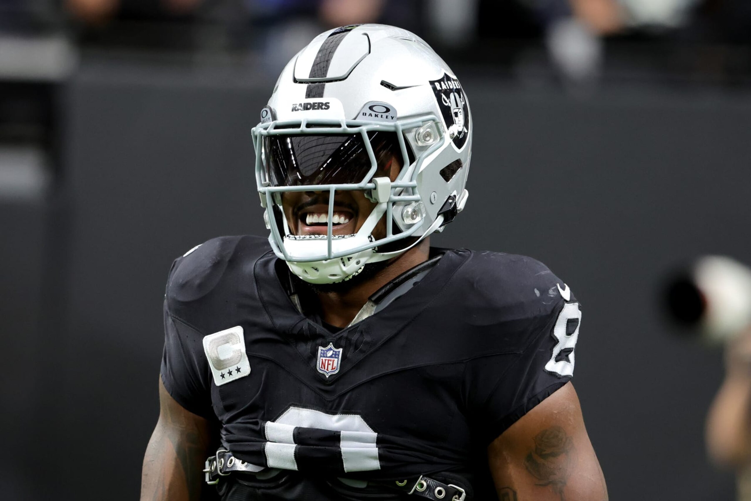 LAS VEGAS, NEVADA - NOVEMBER 05: Josh Jacobs #8 of the Las Vegas Raiders looks on before a game against the New York Giants at Allegiant Stadium on November 05, 2023 in Las Vegas, Nevada. (Photo by Ethan Miller/Getty Images)