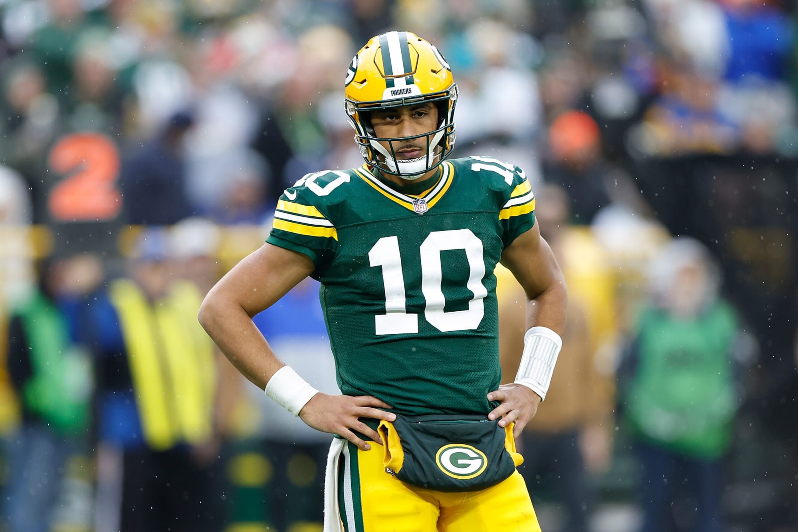 GREEN BAY, WISCONSIN - NOVEMBER 05: Jordan Love #10 of the Green Bay Packers looks on during the second half against the Los Angeles Rams at Lambeau Field on November 05, 2023 in Green Bay, Wisconsin. (Photo by John Fisher/Getty Images)