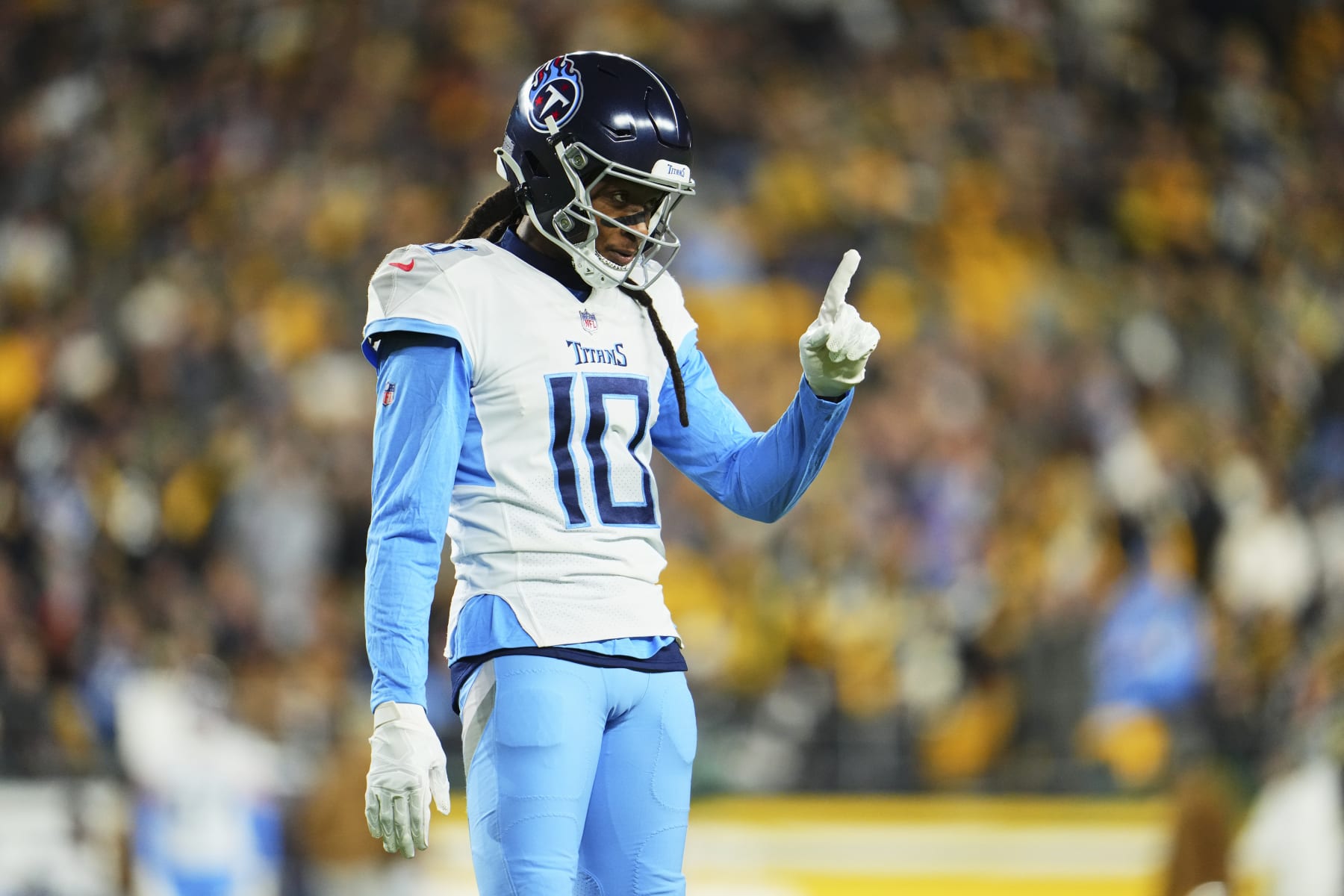 PITTSBURGH, PA - NOVEMBER 02: DeAndre Hopkins #10 of the Tennessee Titans gestures towards the sideline against the Pittsburgh Steelers at Acrisure Stadium on November 2, 2023 in Pittsburgh, Pennsylvania. (Photo by Cooper Neill/Getty Images)