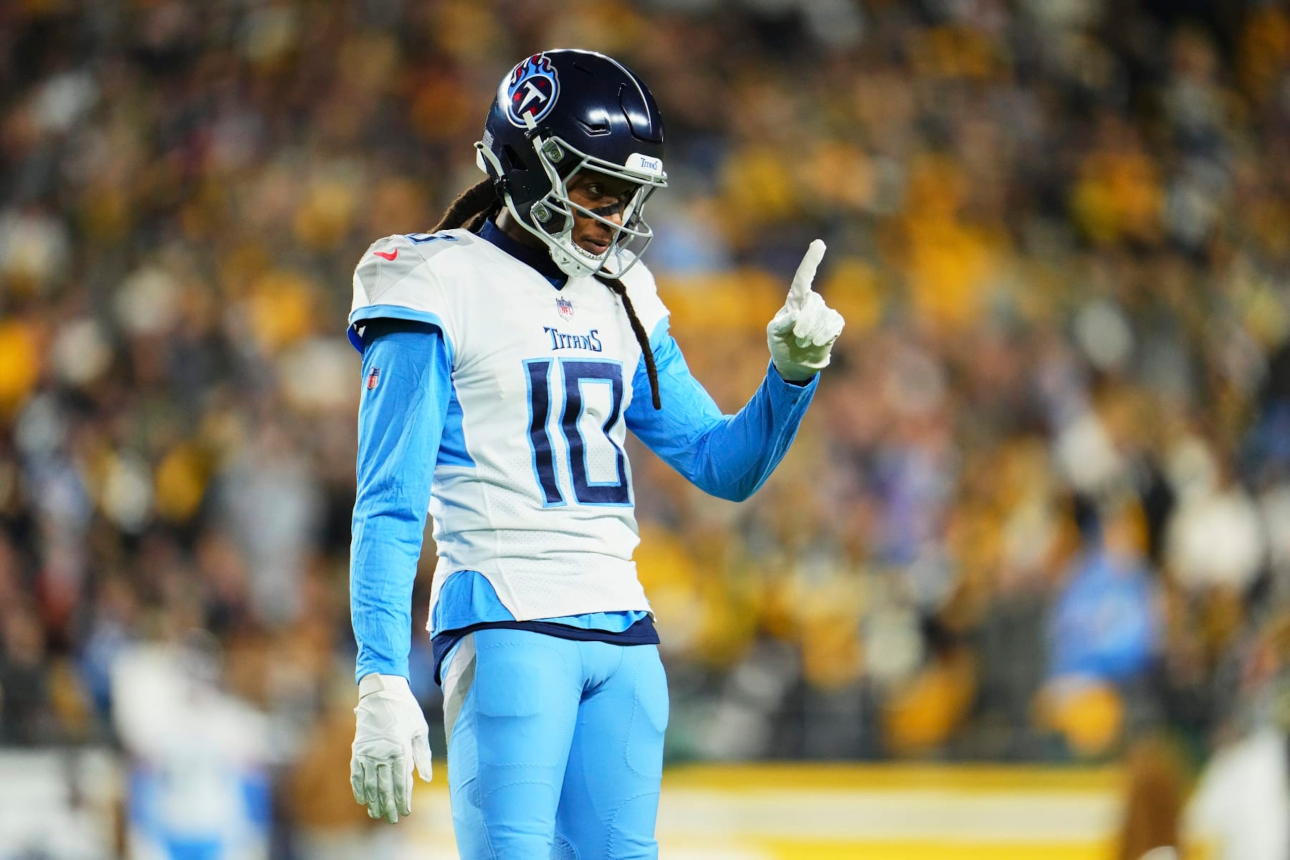 PITTSBURGH, PA - NOVEMBER 02: DeAndre Hopkins #10 of the Tennessee Titans gestures towards the sideline against the Pittsburgh Steelers at Acrisure Stadium on November 2, 2023 in Pittsburgh, Pennsylvania. (Photo by Cooper Neill/Getty Images)