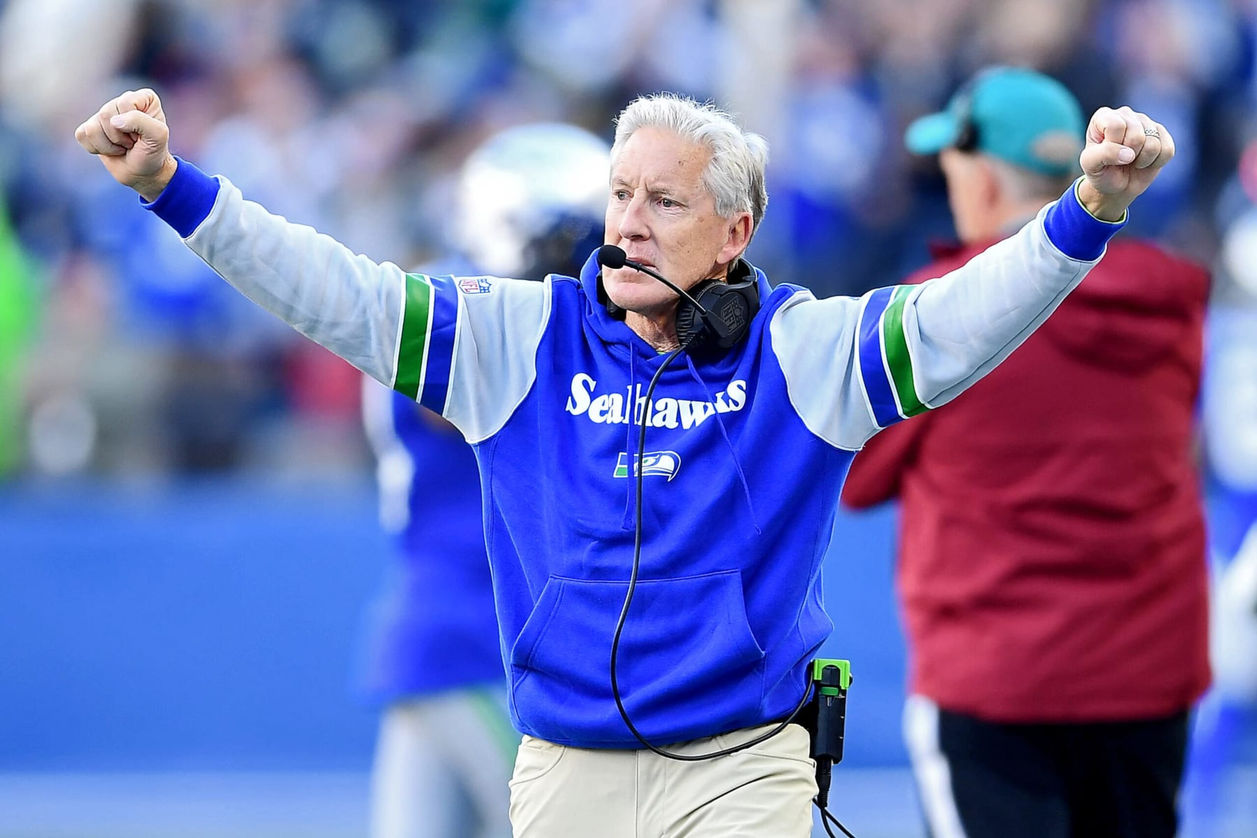 SEATTLE, WASHINGTON - OCTOBER 29: Head coach Pete Carroll of the Seattle Seahawks reacts after a fourth quarter interception during a game against the Cleveland Browns at Lumen Field on October 29, 2023 in Seattle, Washington. (Photo by Jane Gershovich/Getty Images)